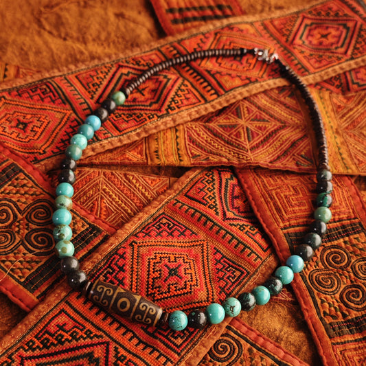 Handmade Vintage Dzi Bead Necklace with Turquoise & Coconut | Ethnic Spiritual Jewelry