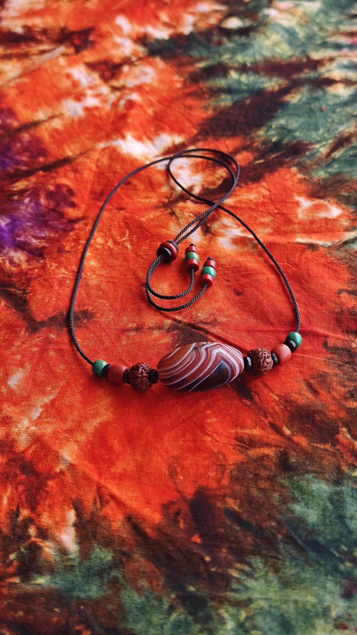 Tibetan Banded Agate Dzi Pendant Necklace, Rudraksha Turquoise Mala, Boho Amulet