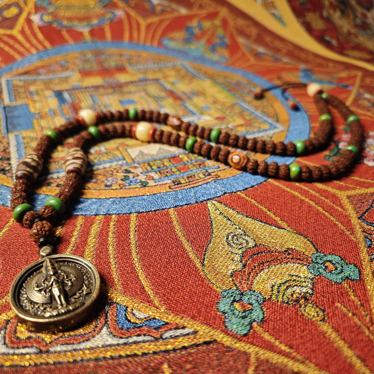 Vintage Tibetan Dzi Bead Necklace, Brass Amulet Pendant, Long Tribal Mala 80cm, Yak Bone & Turquoise Boho Jewelry, Spiritual Yoga Gift