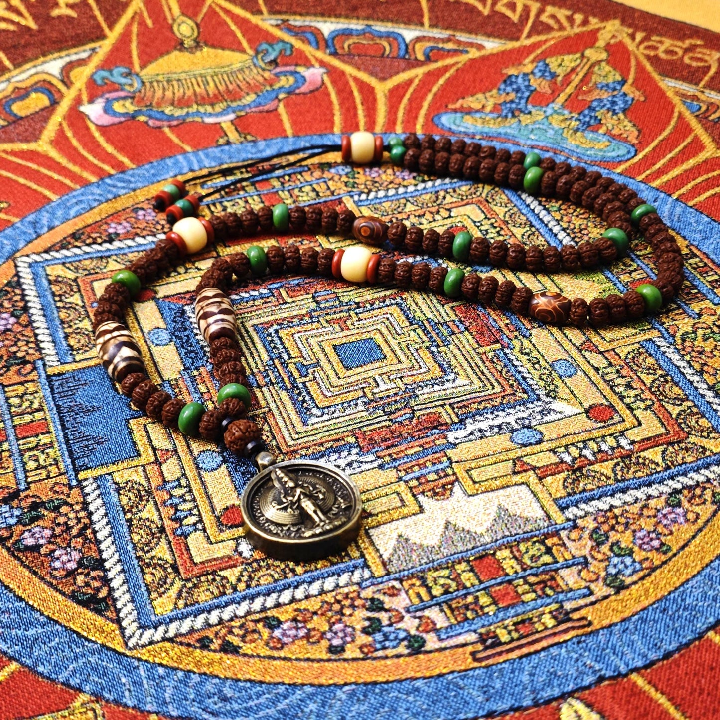 Vintage Tibetan Dzi Bead Necklace, Brass Amulet Pendant, Long Tribal Mala 80cm, Yak Bone & Turquoise Boho Jewelry, Spiritual Yoga Gift