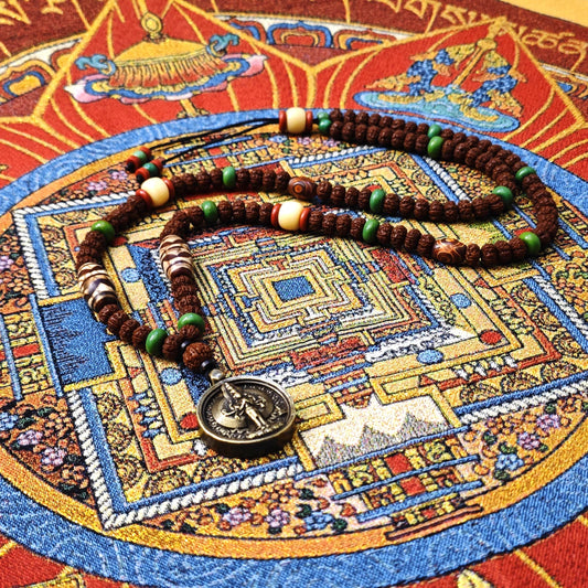 Vintage Tibetan Dzi Bead Necklace, Brass Amulet Pendant, Long Tribal Mala 80cm, Yak Bone & Turquoise Boho Jewelry, Spiritual Yoga Gift