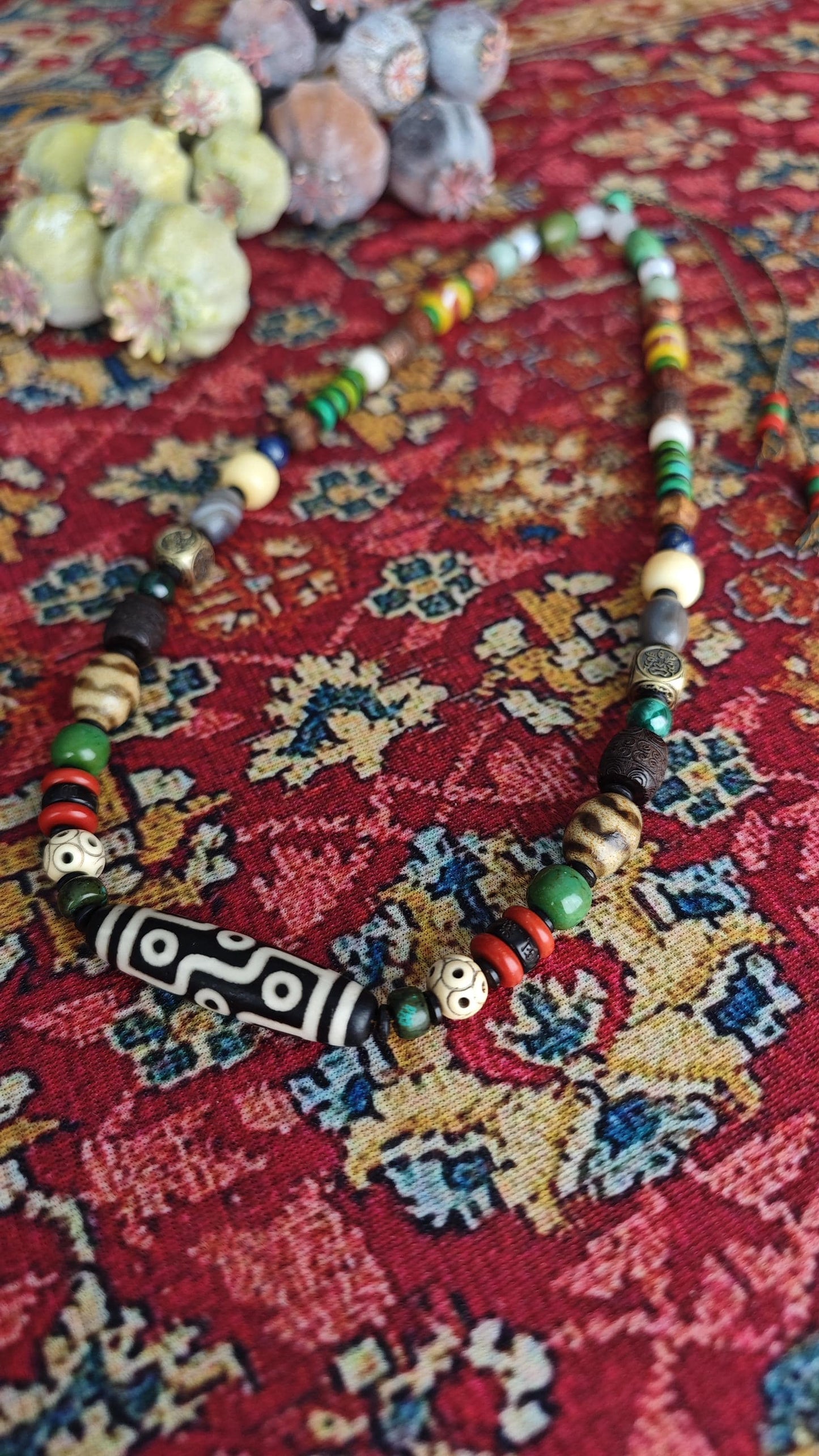 Vintage Tibetan 9 Eye Dzi Bead  Multi Gemstone Necklace, Handcarved Om Mani Padme Hum, Ethnic Tribal Amulet 62-80cm