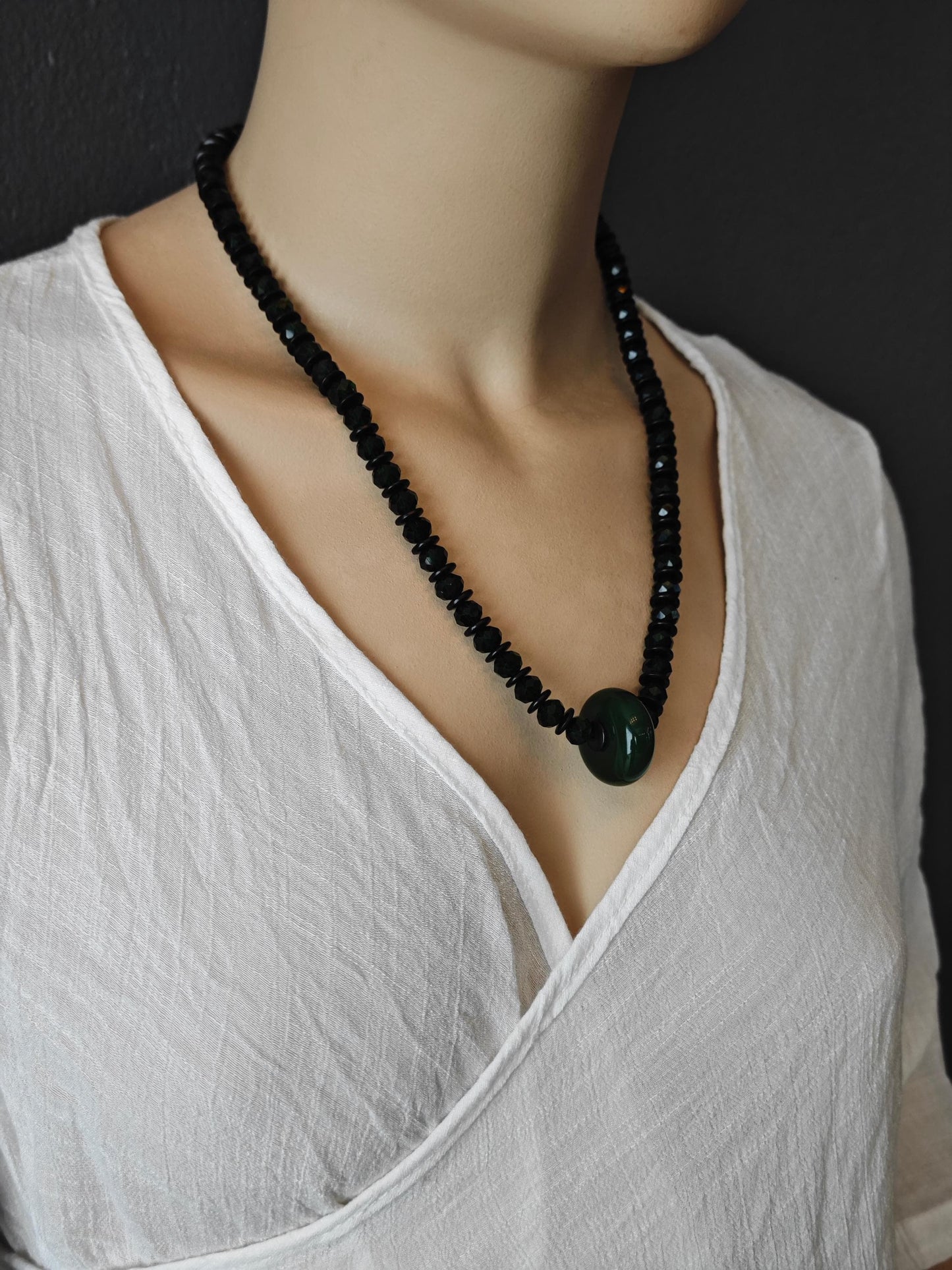 Green Jade Pendant Necklace, Emerald Green Liuli Beaded Choker, Coconut Shell Spacer Boho Jewelry, Stainless Toggle Clasp Necklace 56cm