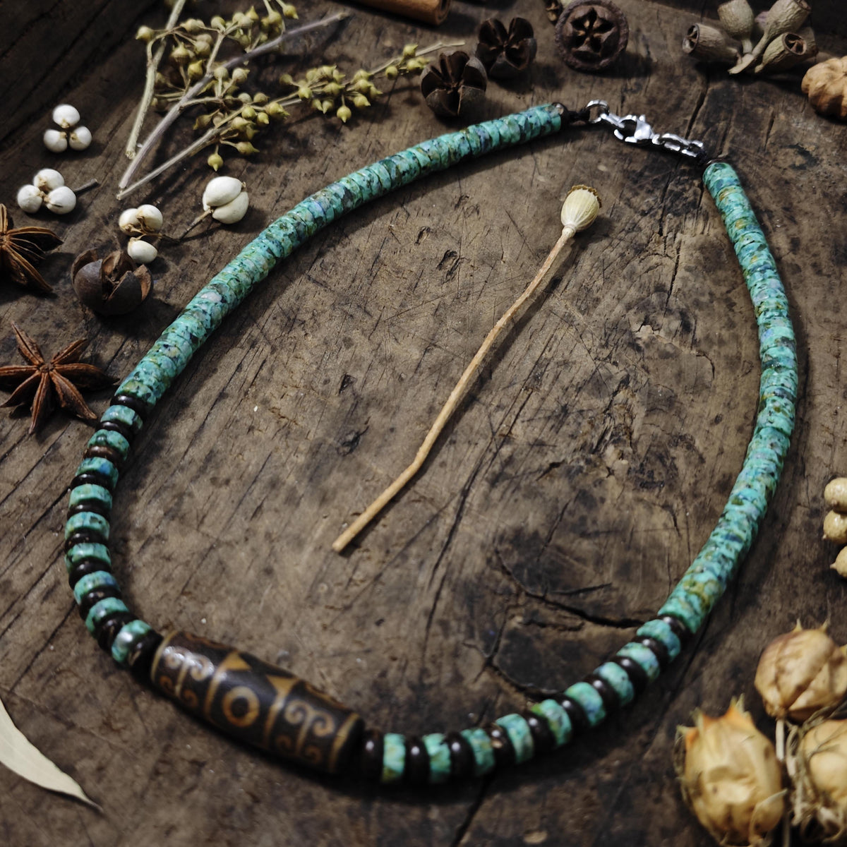 Handmade Vintage Dzi Bead Necklace with Turquoise & Coconut | Ethnic Spiritual Jewelry