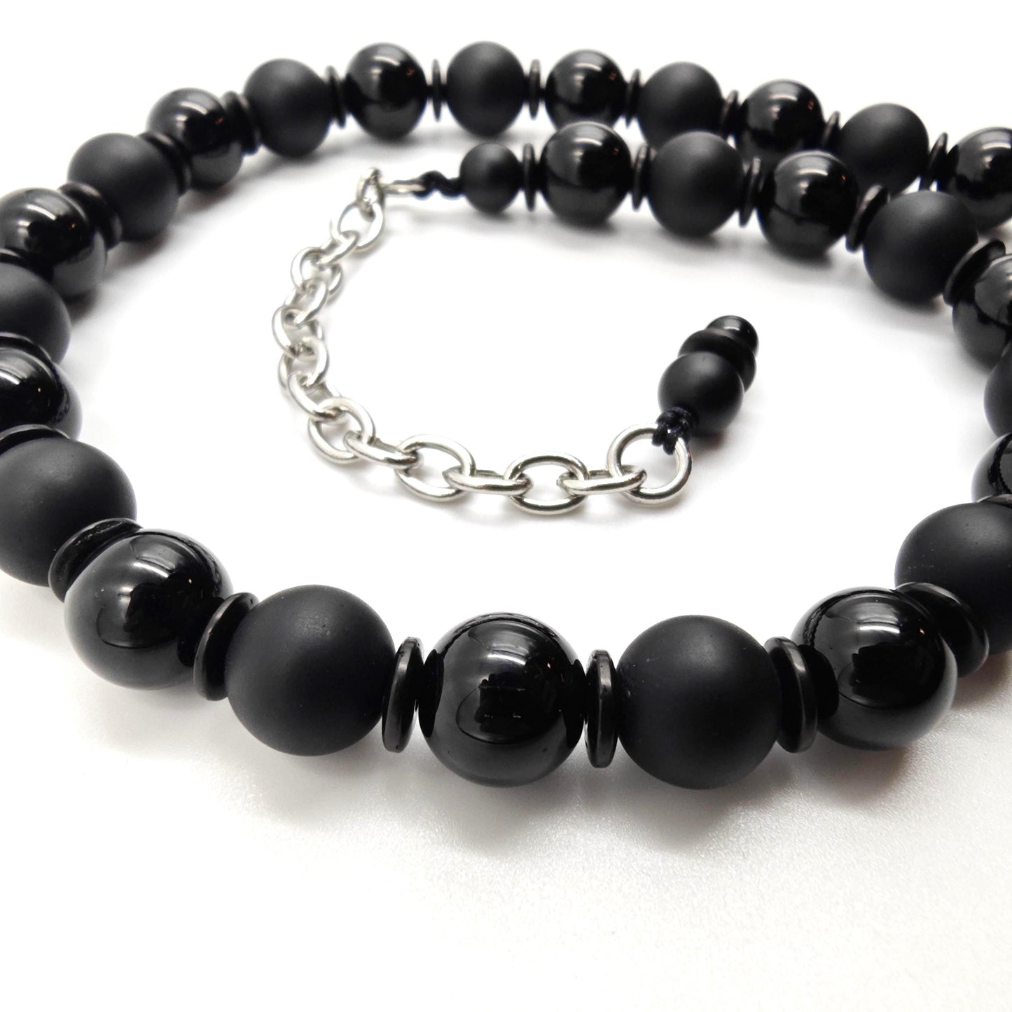 Matte Glossy Black Onyx Necklace, Agate Beaded Choker, Coconut Shell Spacer, Stainless Steel Chain, Goth Minimalist Unisex Jewelry 43cm