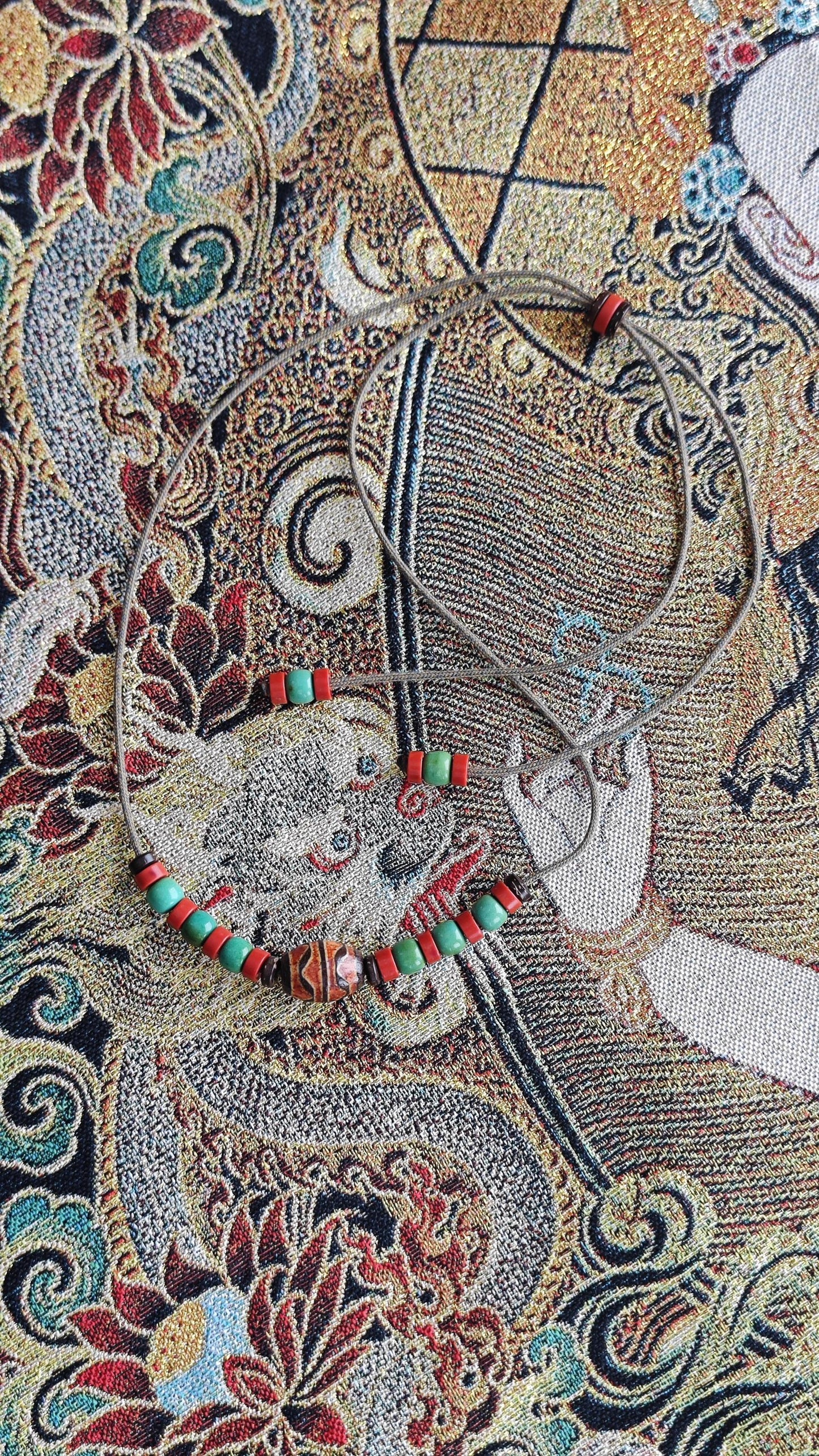 Vintage Tibetan Dzi Bead Necklace, Nan Hong Red Agate Turquoise Choker, Adjustable Ethnic Tribal Amulet, Spiritual Protection Pendant