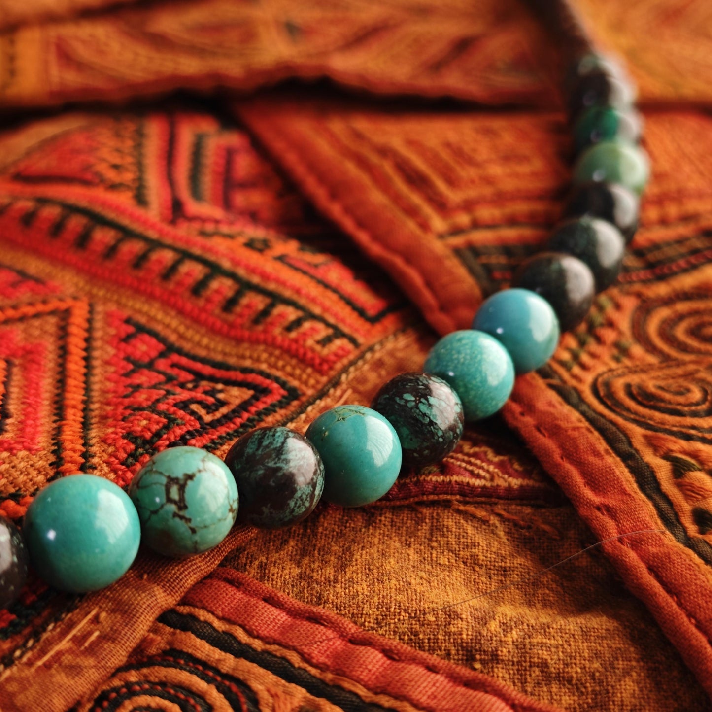 Handmade Vintage Dzi Bead Necklace with Turquoise & Coconut | Ethnic Spiritual Jewelry