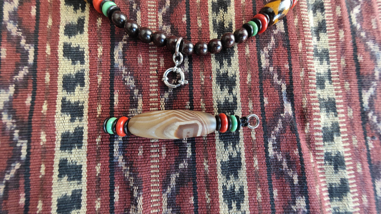 Vintage Tibetan Sardonyx Agate Dzi Necklace, Red Agate Turquoise Mala, Detachable Pendant