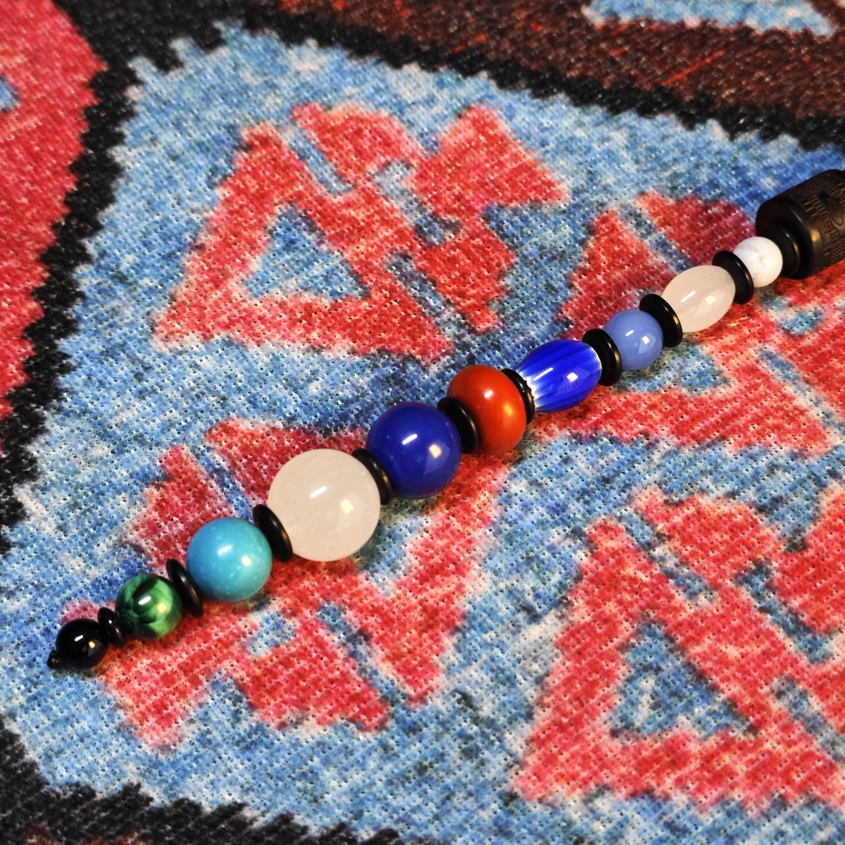 Multi-Gemstone Beaded Pendant Necklace, Mutton Fat White Jade, Lapis Lazuli, Turquoise, African Trade Bead, Long Boho Black Cord Necklace
