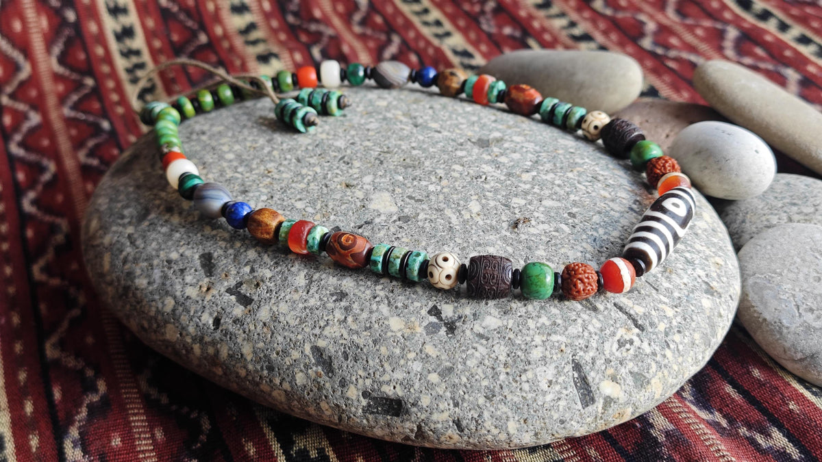 Vintage Tibetan Dzi Bead Multi Gemstone Necklace, Natural Turquoise Agate Rudraksha Mala, Ethnic Tribal Amulet Jewelry, Adjustable 47-62cm