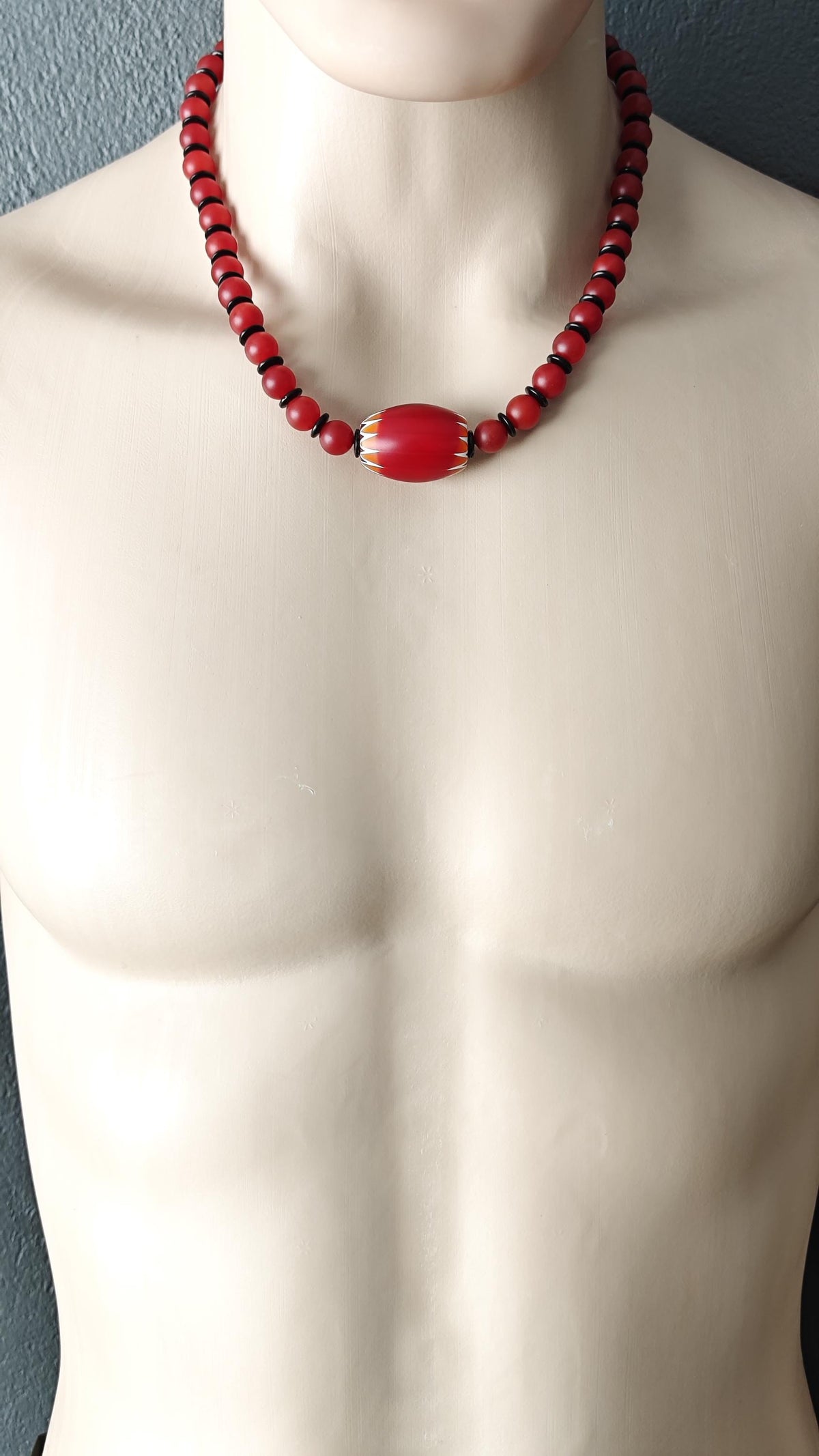 Red Chevron African Trade Bead Necklace, Nan Hong Agate, Coconut Disc, Stainless Steel Clasp