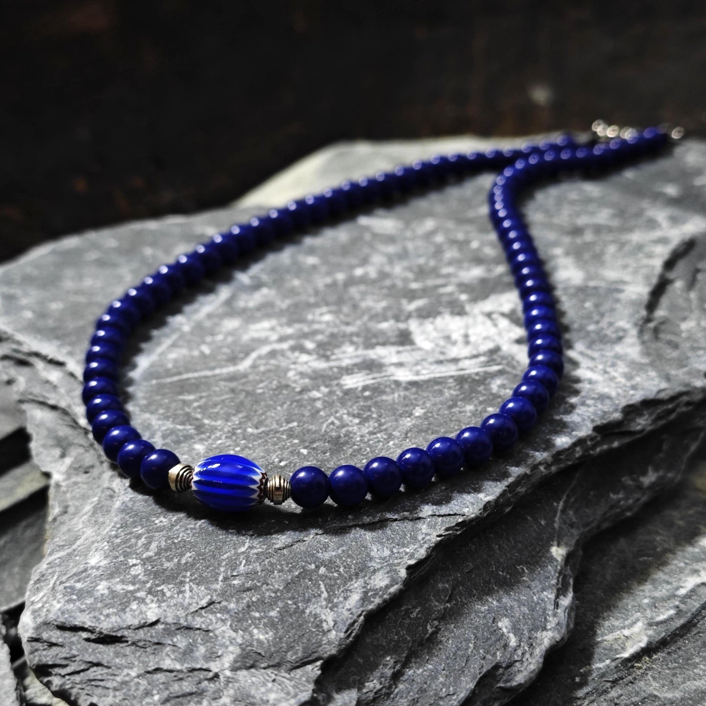 Lapis Lazuli Beaded Necklace, African Trade Bead Focal, Silver Accent Choker