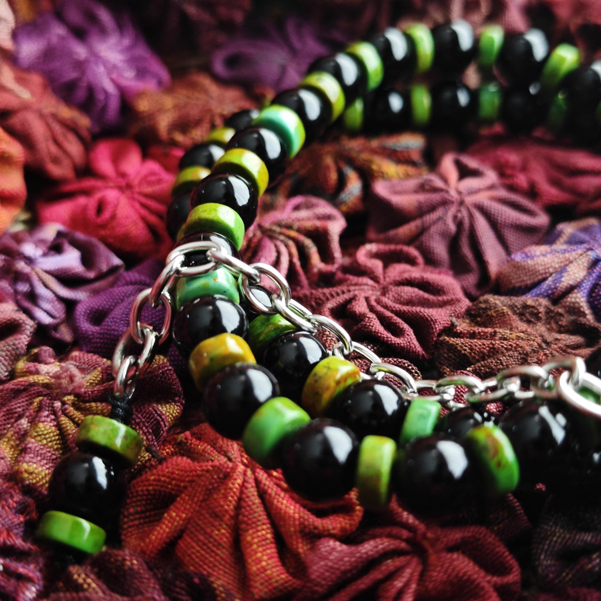 Natural Green Jade Pendant Necklace with Black Onyx & Turquoise | Adjustable Ethnic Bohemian Jewelry