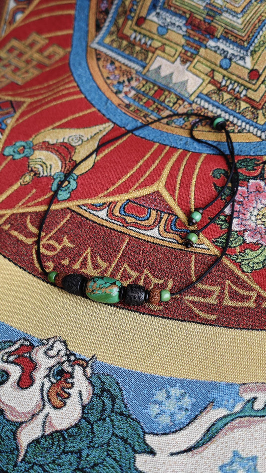 Genuine Turquoise Barrel Necklace, Hand Carved Hardwood Choker, Rudraksha Mala Beads, Tribal Boho Amulet 40-65cm