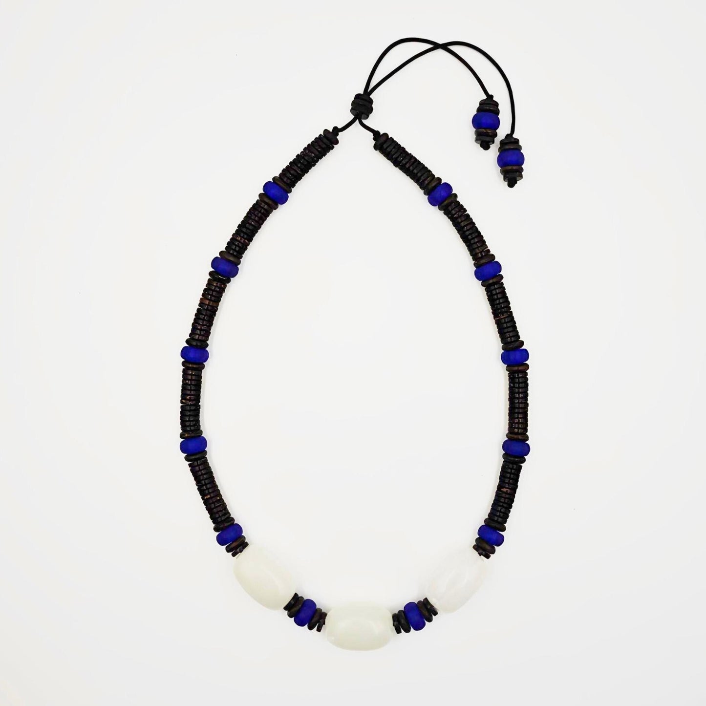 Mutton Fat White Jade Necklace, Cobalt Blue Liuli Bead Choker, Coconut Shell Heishi Chain, Zen Boho Jewelry, Unisex Gemstone Necklace 50cm