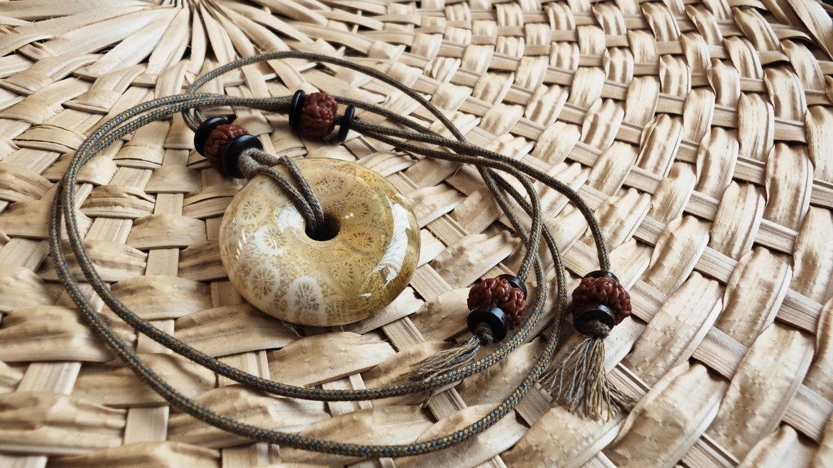 Coral Fossil Donut Pendant, Fossilized Coral Pi Disc Necklace, Rudraksha Mala Bead, Tribal Boho Amulet, Adjustable Cord Gift 40-70cm