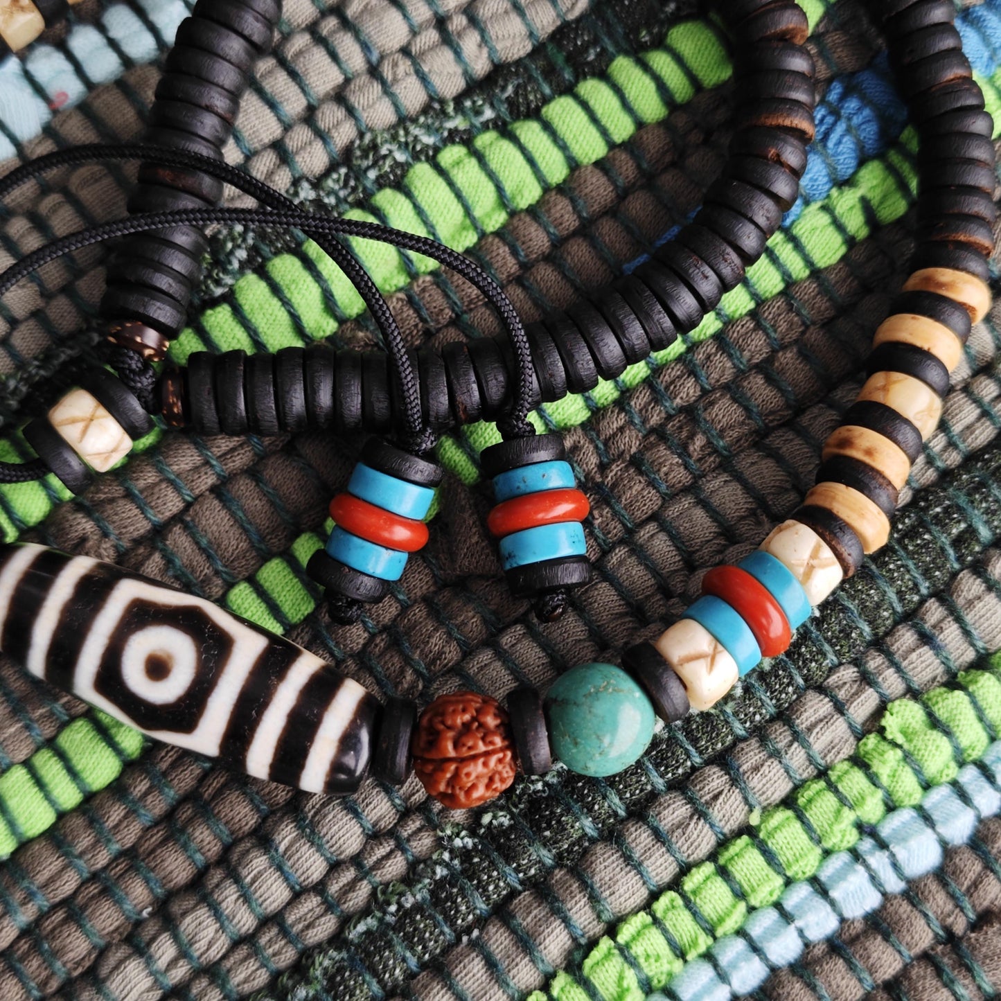 Tibetan Dzi Bead Necklace, Rudraksha Mala & Turquoise Boho Choker, Yak Bone Tribal Jewelry, Spiritual Meditation Surfer Necklace 50cm