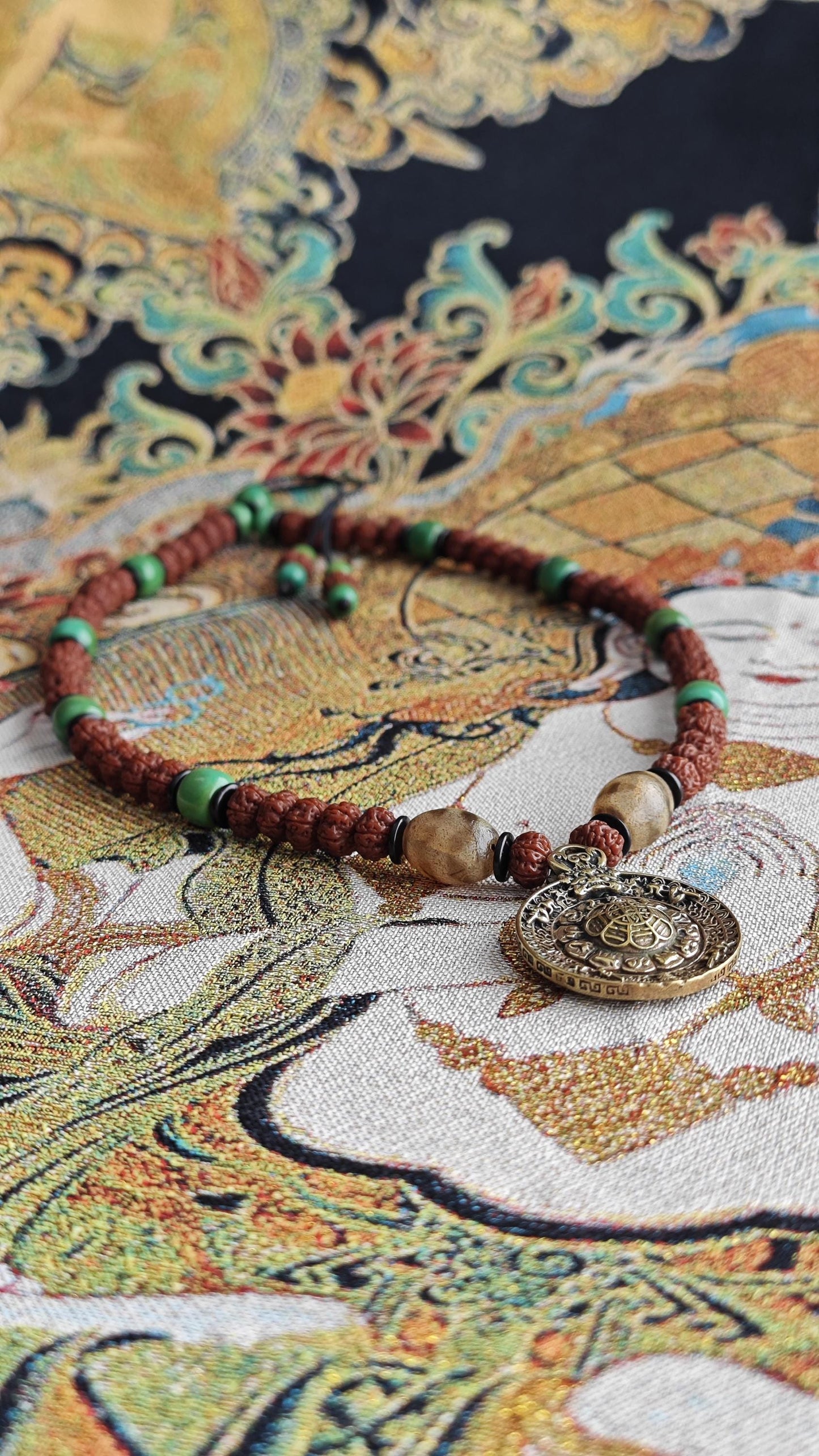 Vintage Tibetan Brass Pendant Necklace, Rudraksha Turquoise Boho Tribal Amulet