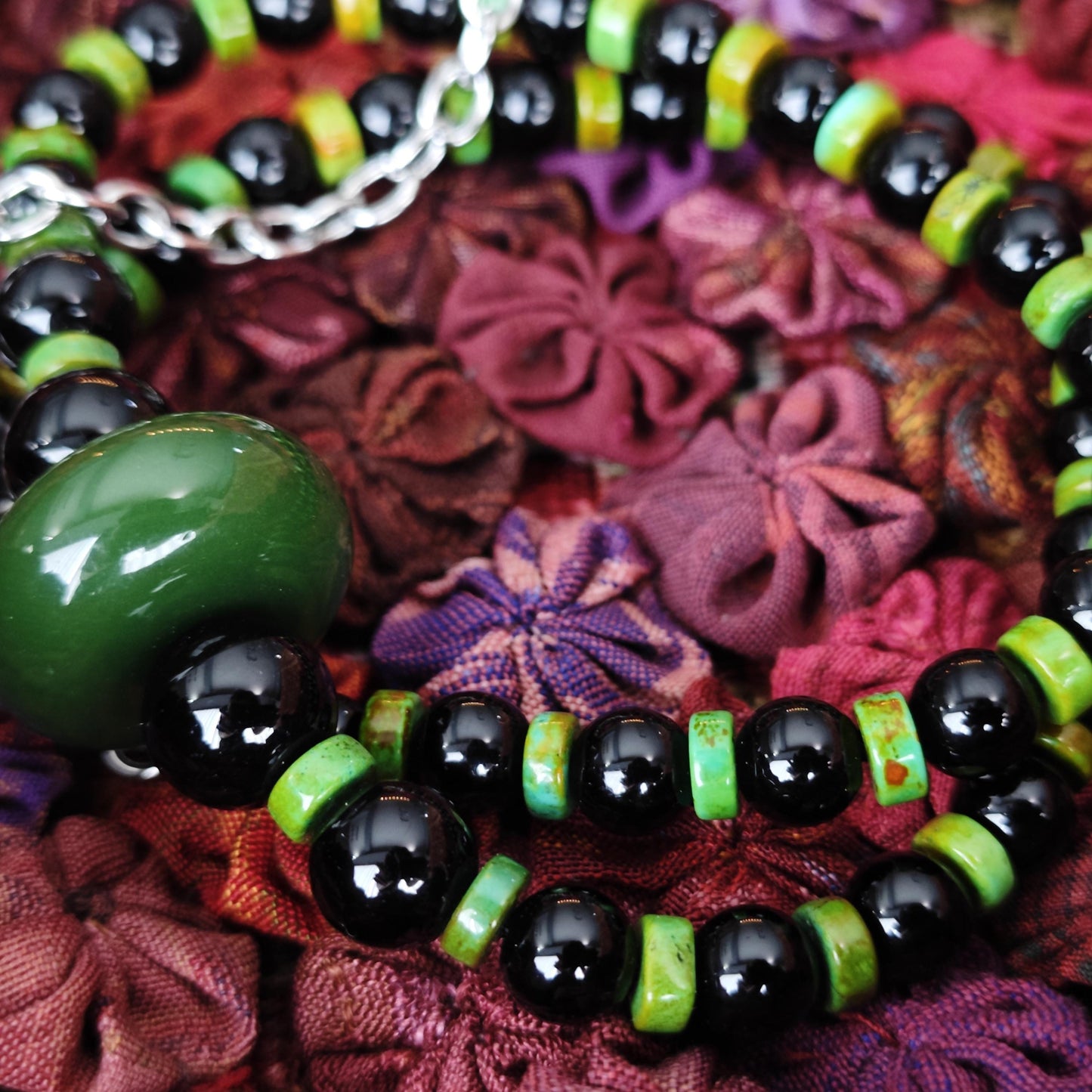 Natural Green Jade Pendant Necklace with Black Onyx & Turquoise | Adjustable Ethnic Bohemian Jewelry