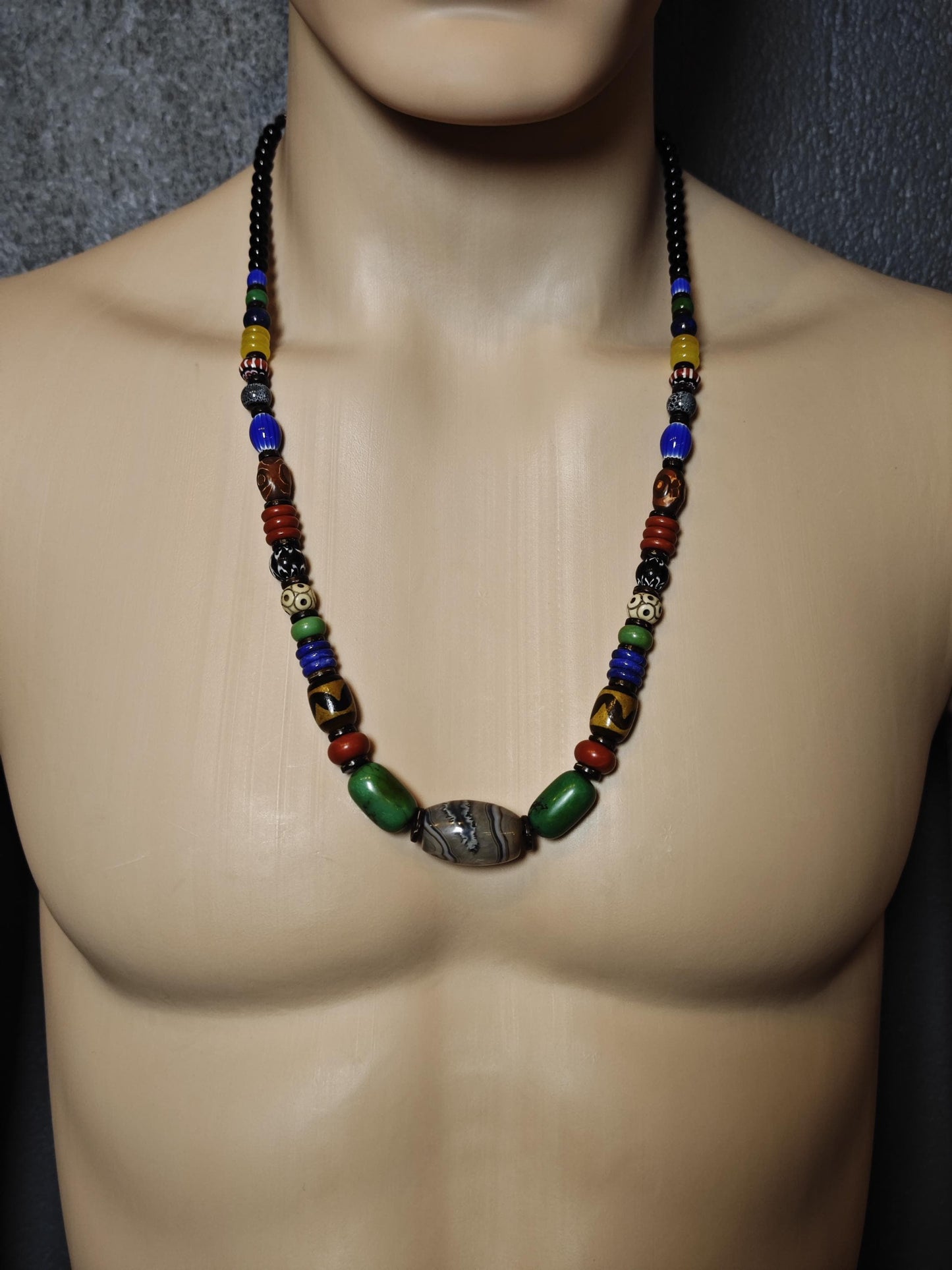 Handmade Multi Gemstone Necklace with Sardonyx, Turquoise & Mini Dzi Bead | Ethnic Bohemian Jewelry