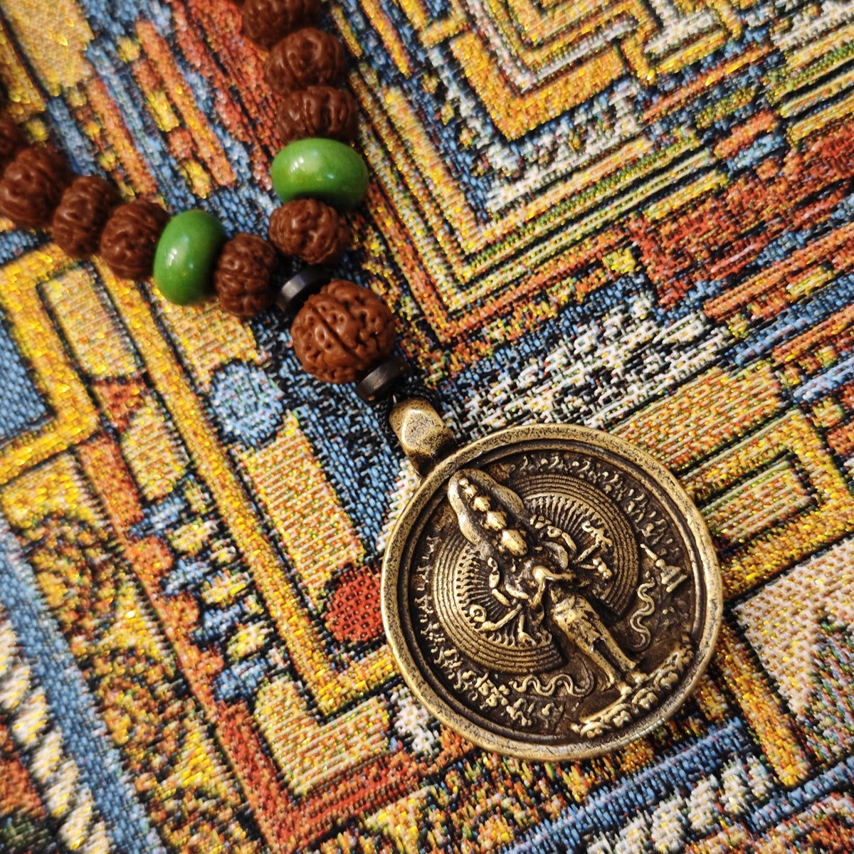 Vintage Tibetan Dzi Bead Necklace, Brass Amulet Pendant, Long Tribal Mala 80cm, Yak Bone & Turquoise Boho Jewelry, Spiritual Yoga Gift