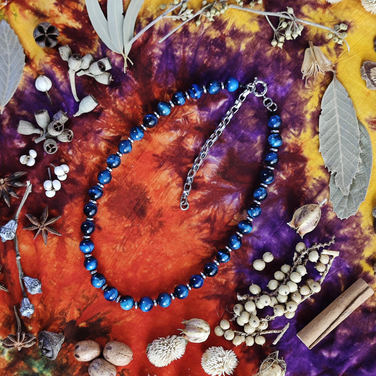 Handmade Blue Tiger's Eye Necklace with Hematite, Adjustable Ethnic Boho Jewelry
