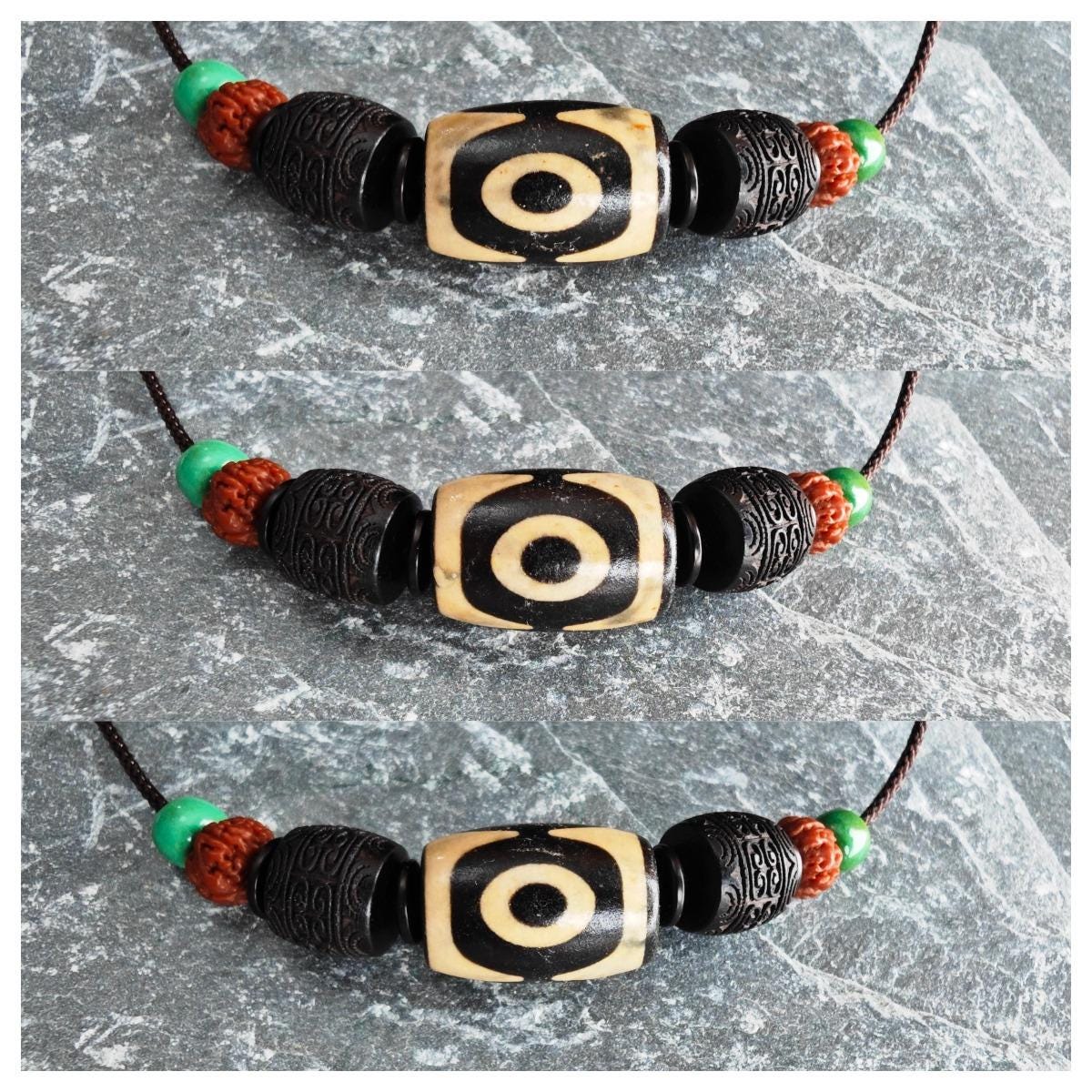 Vintage Tibetan Dzi Bead Necklace, Hand-Carved Hardwood, Rudraksha Mala, Turquoise Pendant