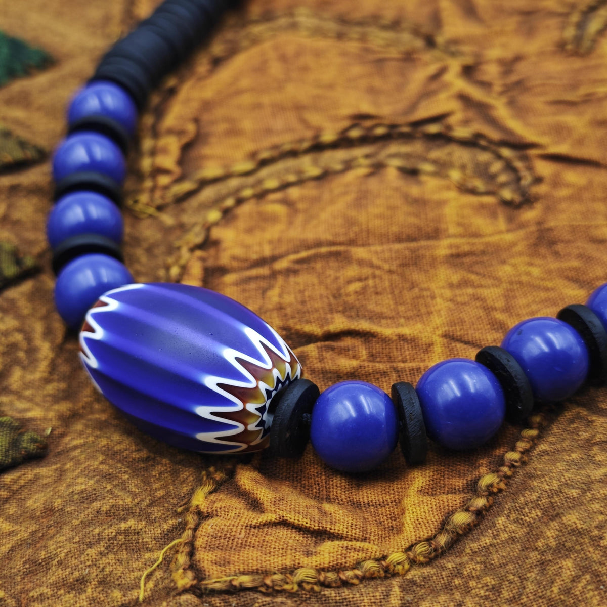 Large African Trade Bead Necklace with Lapis Lazuli & Coconut, Ethnic Tribal Bohemian Jewelry