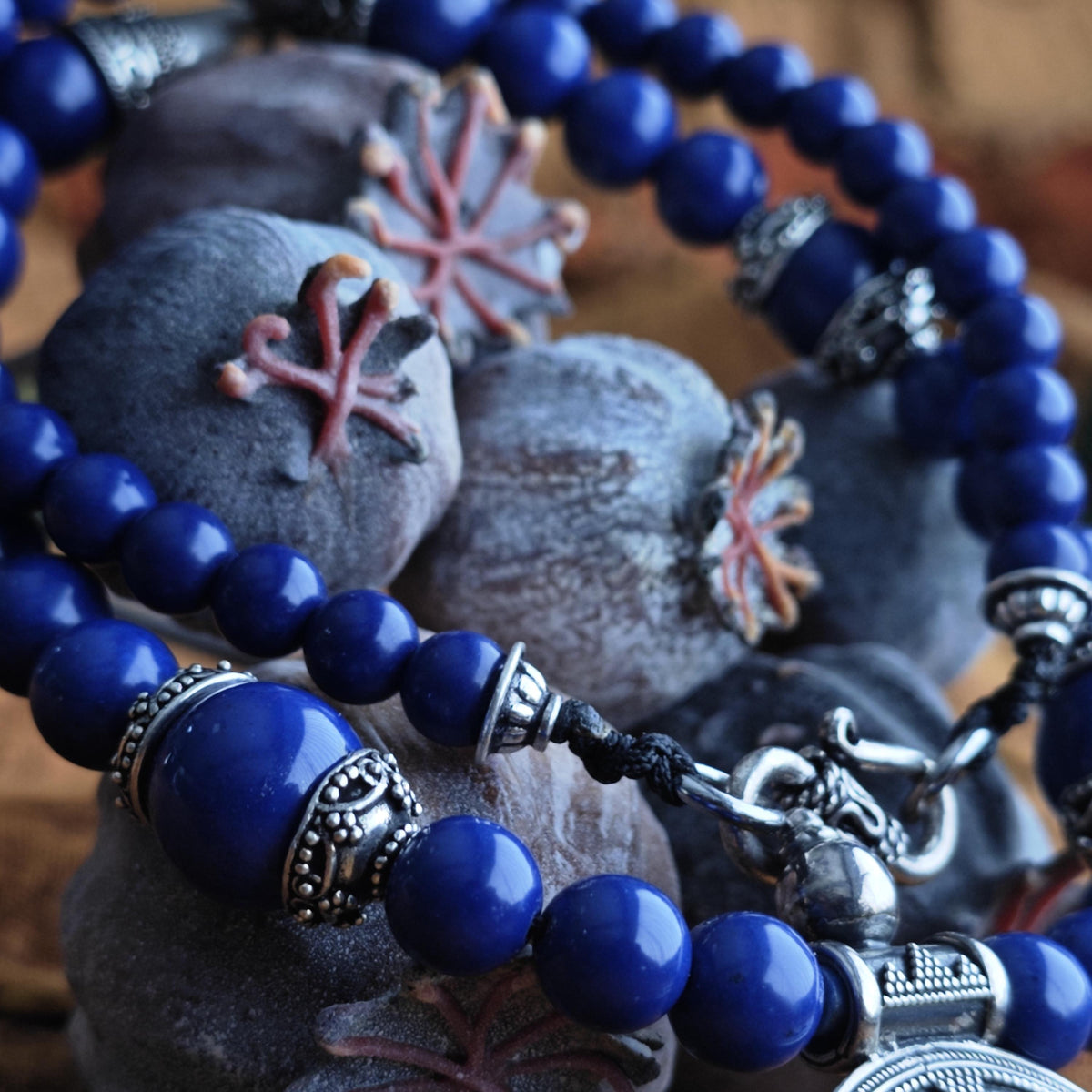 925 Sterling Silver Tribal Pendant Necklace, Lapis Lazuli Gradient Choker, Ethnic Boho Statement Jewelry, Vintage Silver Cap Gift 51cm