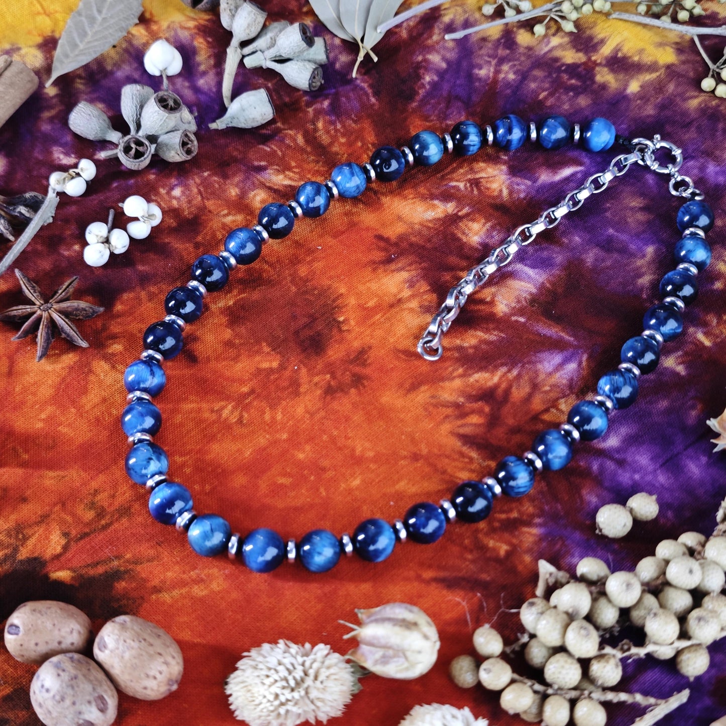 Handmade Blue Tiger's Eye Necklace with Hematite, Adjustable Ethnic Boho Jewelry
