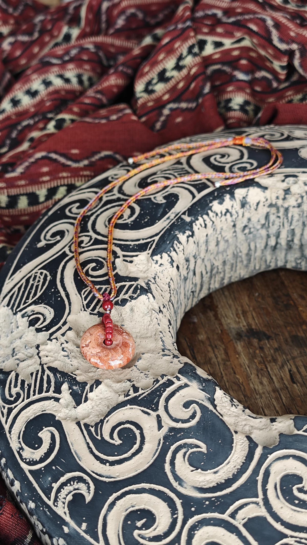 Fossil Coral Donut Pendant Necklace, Fossilized Coral Pi Disc, Tribal Boho Gemstone Amulet, Hand Braided Cord, Adjustable 40-60cm
