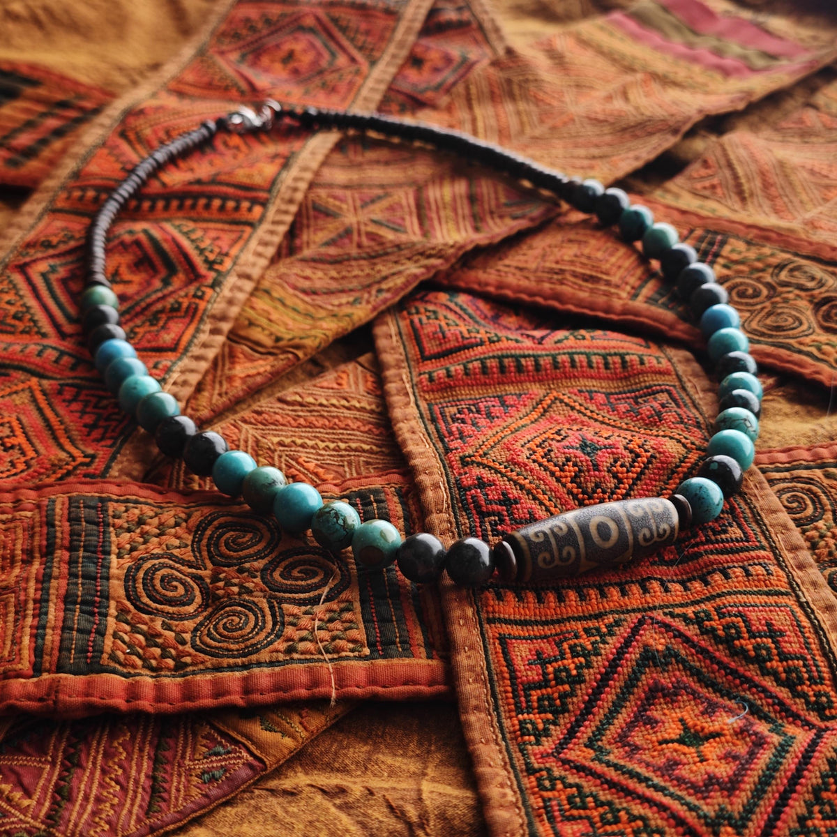 Handmade Vintage Dzi Bead Necklace with Turquoise & Coconut | Ethnic Spiritual Jewelry