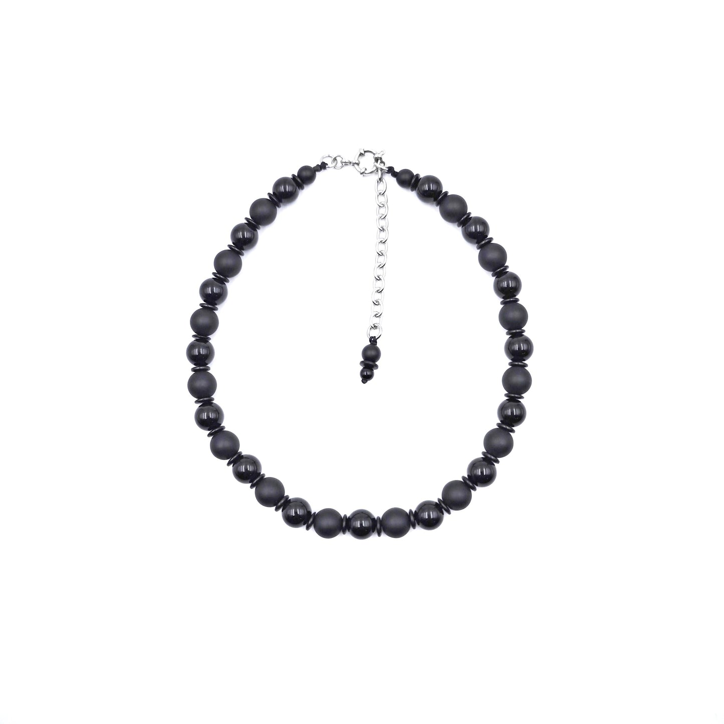 Matte Glossy Black Onyx Necklace, Agate Beaded Choker, Coconut Shell Spacer, Stainless Steel Chain, Goth Minimalist Unisex Jewelry 43cm