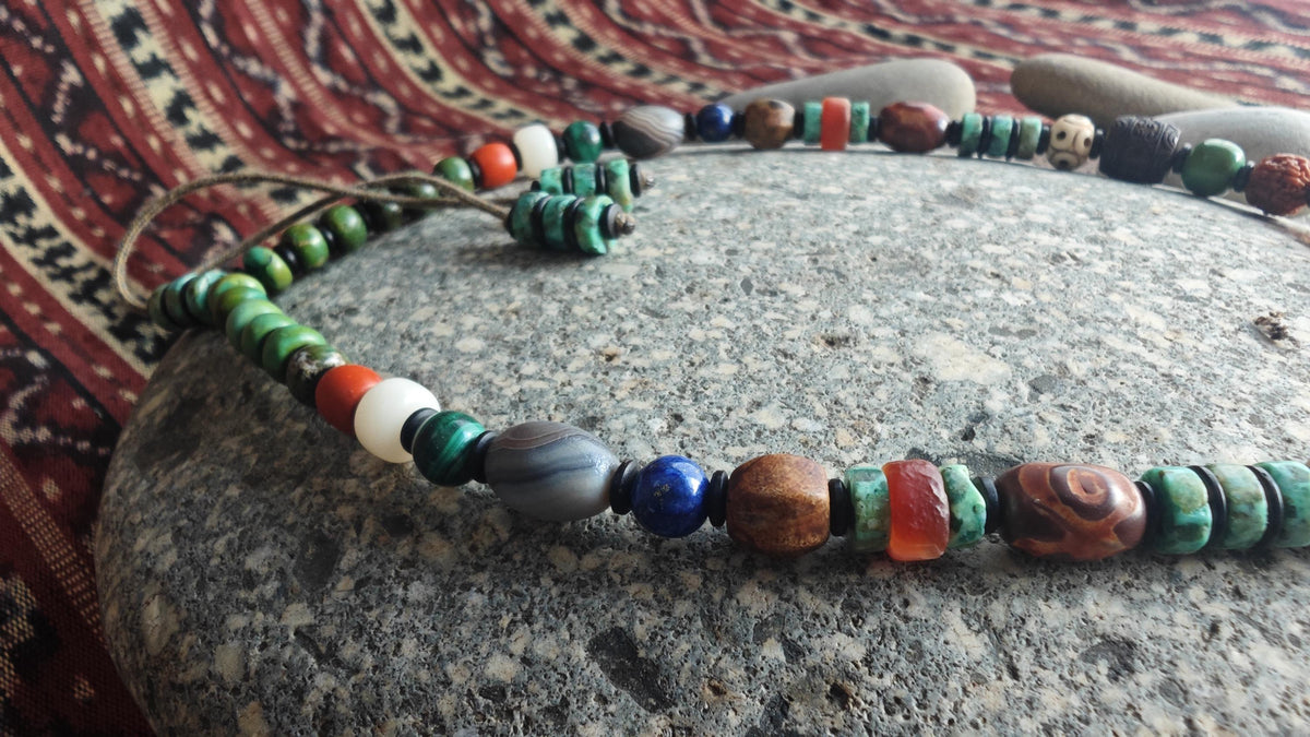 Vintage Tibetan Dzi Bead Multi Gemstone Necklace, Natural Turquoise Agate Rudraksha Mala, Ethnic Tribal Amulet Jewelry, Adjustable 47-62cm