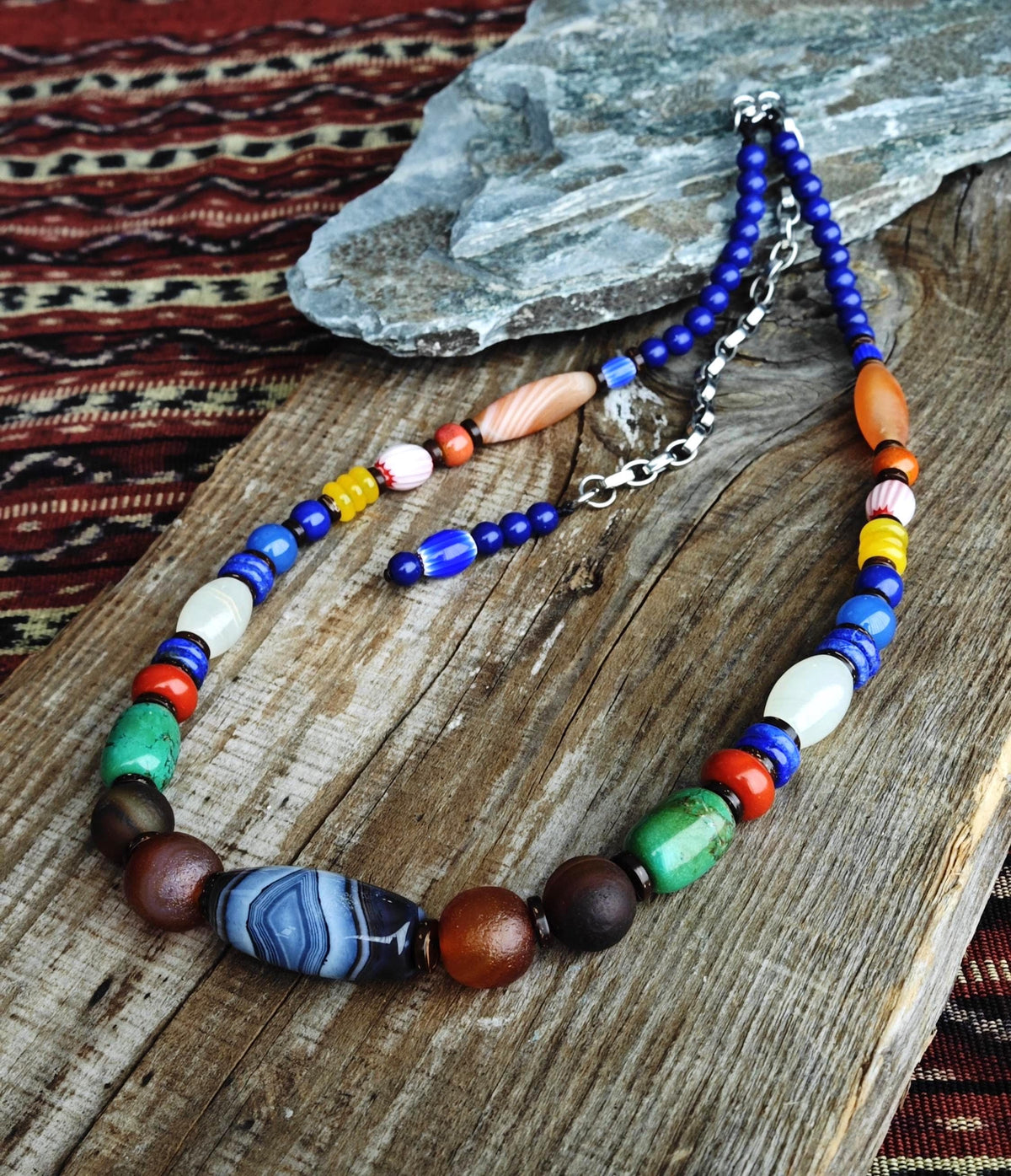 Handmade Multi Gemstone Necklace with Sardonyx Agate & Turquoise | Long Ethnic Bohemian Jewelry