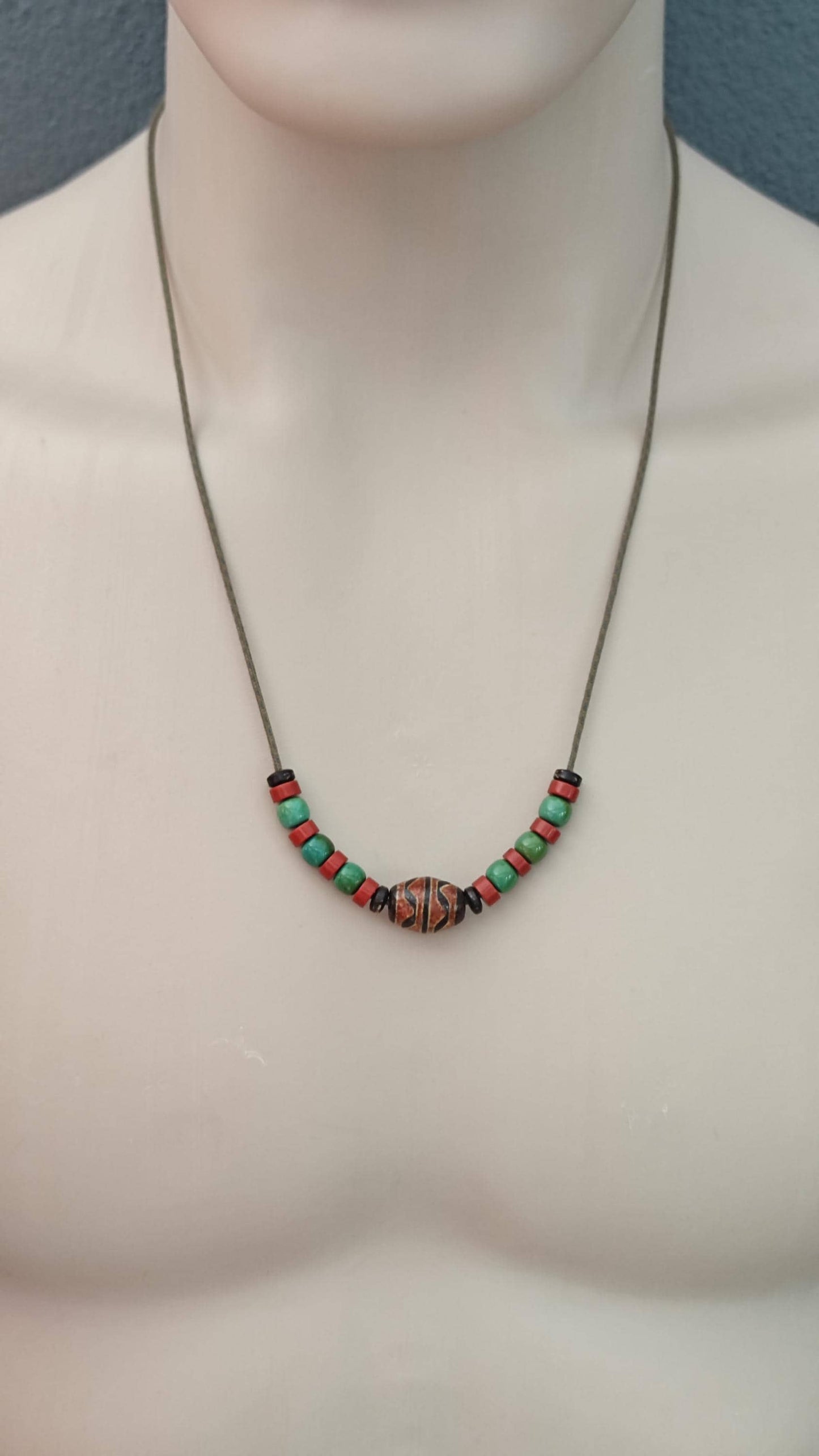 Vintage Tibetan Dzi Bead Necklace, Nan Hong Red Agate Turquoise Choker, Adjustable Ethnic Tribal Amulet, Spiritual Protection Pendant