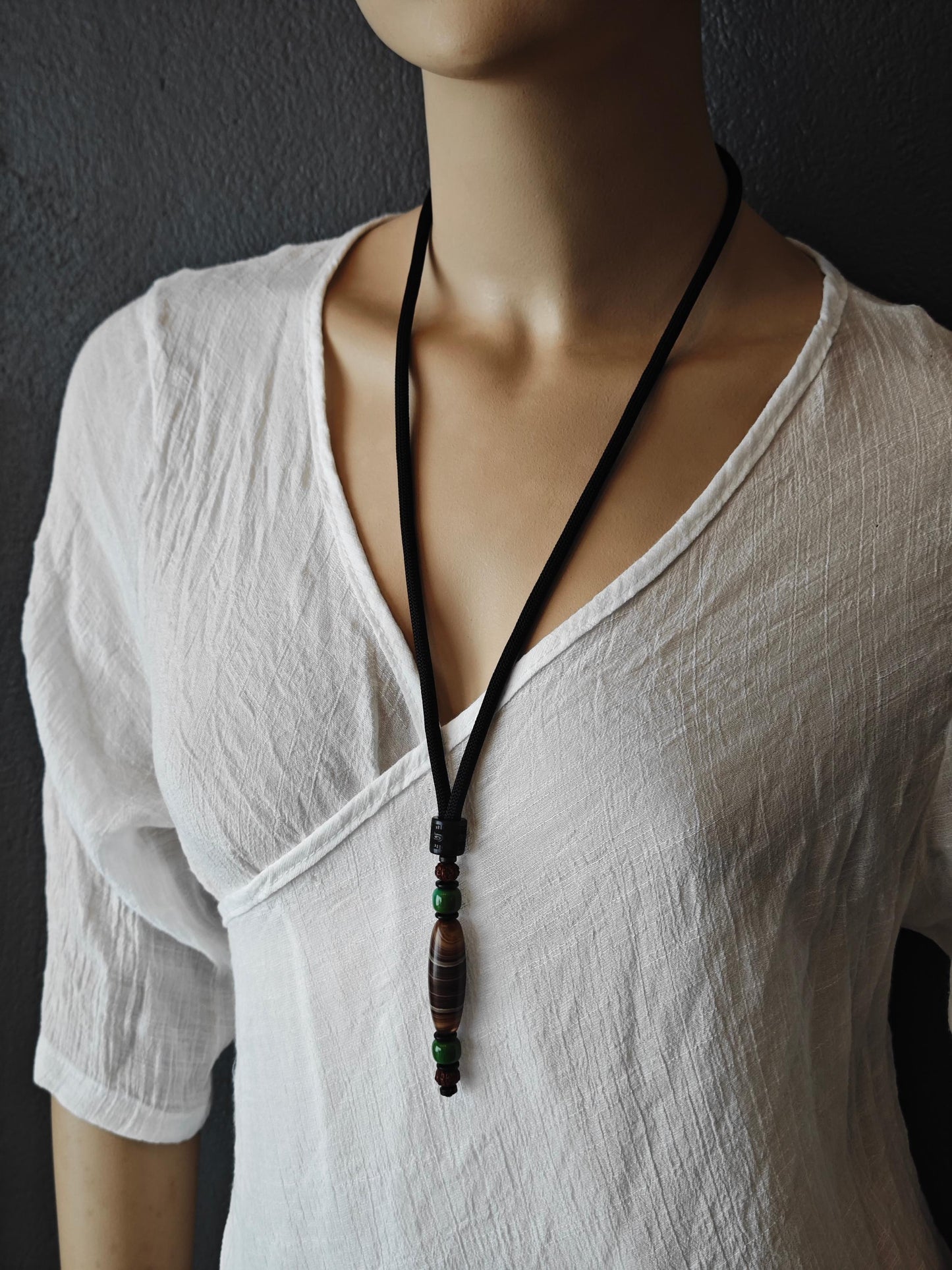 Tibetan Dzi Bead Necklace, Turquoise, Rudraksha, Wood, Coconut Shell, Bohemian Jewelry