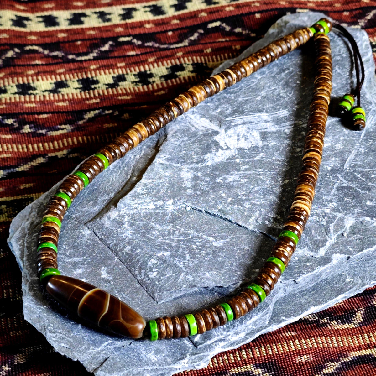 Tibetan Dzi Bead Necklace, Sardonyx Agate, Turquoise, Coconut Shell, Bohemian Jewelry