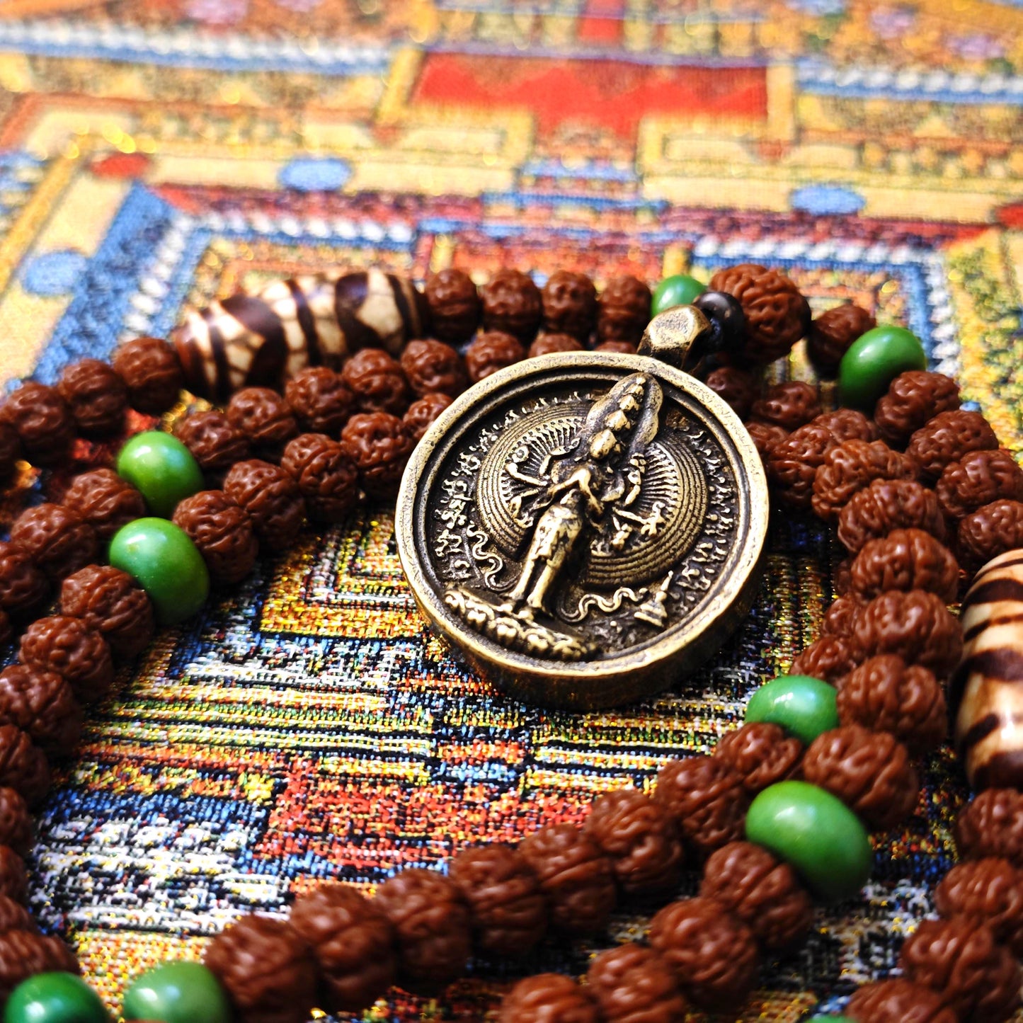 Vintage Tibetan Dzi Bead Necklace, Brass Amulet Pendant, Long Tribal Mala 80cm, Yak Bone & Turquoise Boho Jewelry, Spiritual Yoga Gift