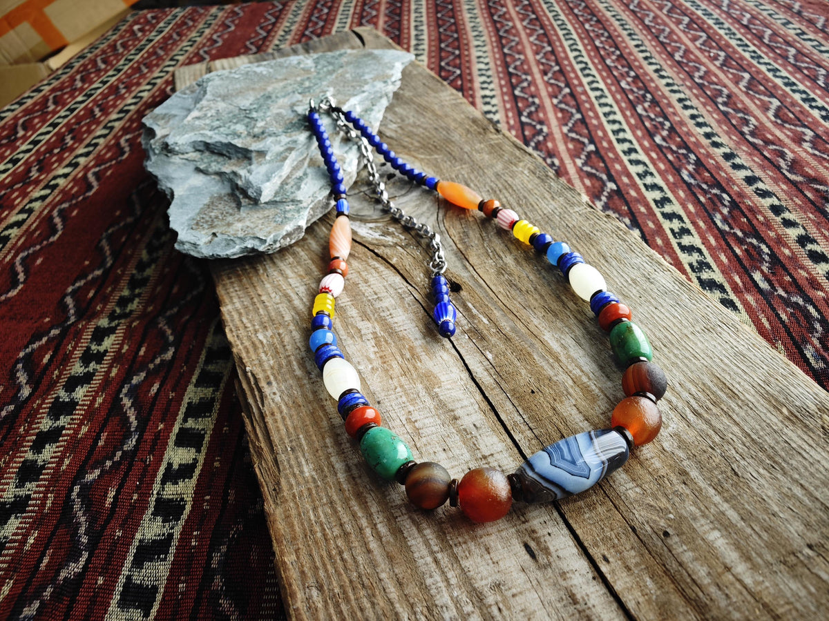 Handmade Multi Gemstone Necklace with Sardonyx Agate & Turquoise | Long Ethnic Bohemian Jewelry