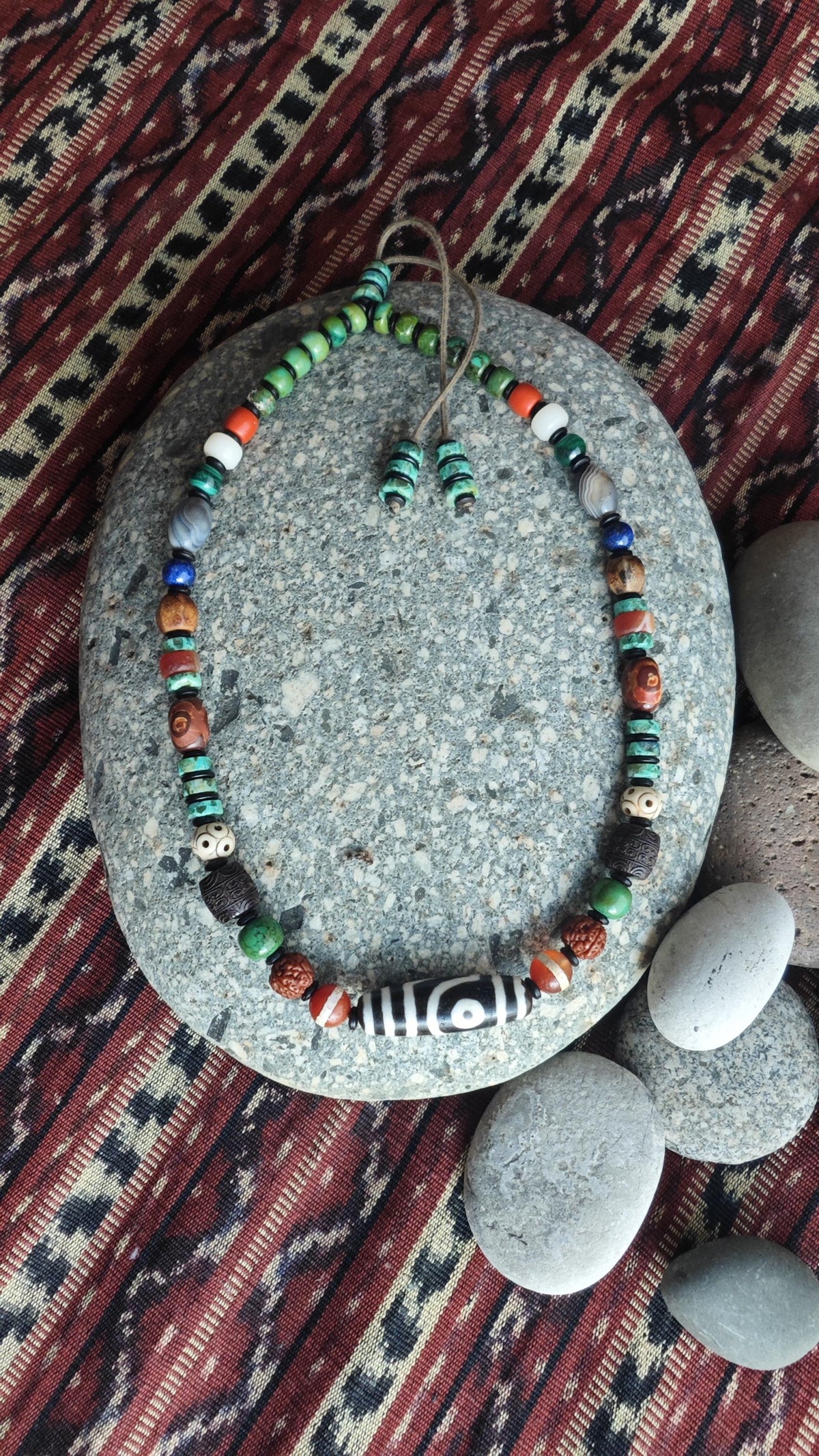 Vintage Tibetan Dzi Bead Multi Gemstone Necklace, Natural Turquoise Agate Rudraksha Mala, Ethnic Tribal Amulet Jewelry, Adjustable 47-62cm