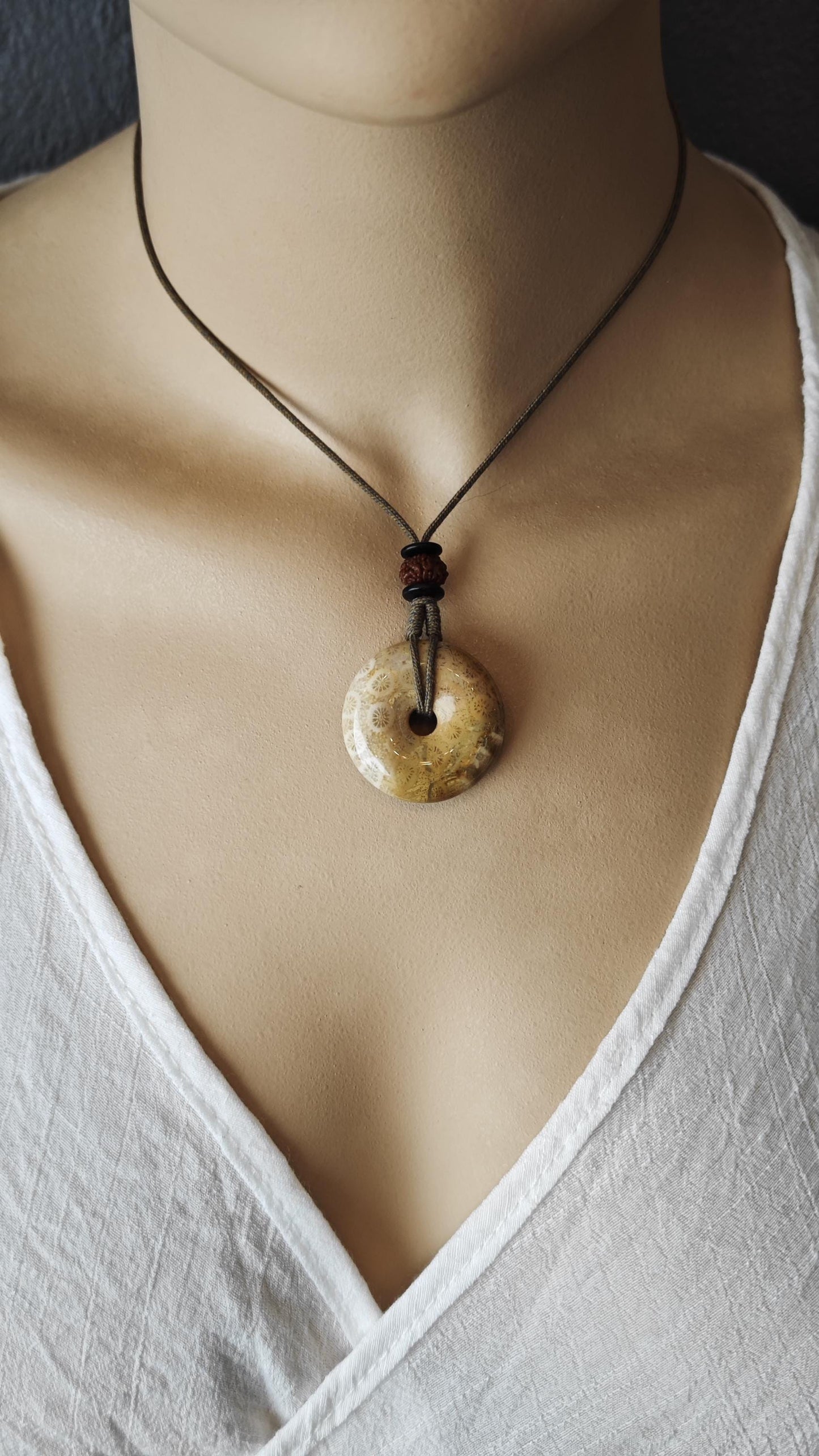 Coral Fossil Donut Pendant, Fossilized Coral Pi Disc Necklace, Rudraksha Mala Bead, Tribal Boho Amulet, Adjustable Cord Gift 40-70cm