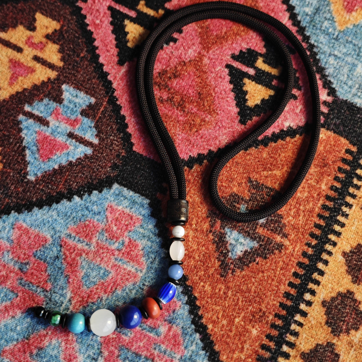Multi-Gemstone Beaded Pendant Necklace, Mutton Fat White Jade, Lapis Lazuli, Turquoise, African Trade Bead, Long Boho Black Cord Necklace