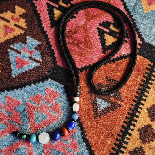 Multi-Gemstone Beaded Pendant Necklace, Mutton Fat White Jade, Lapis Lazuli, Turquoise, African Trade Bead, Long Boho Black Cord Necklace