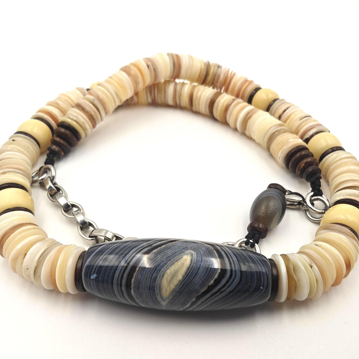 Banded Agate Statement Necklace, Natural Yak Bone Choker, Coconut Disc Beaded Chain, Tribal Boho Amulet, Adjustable Men Women Gift 52-64cm
