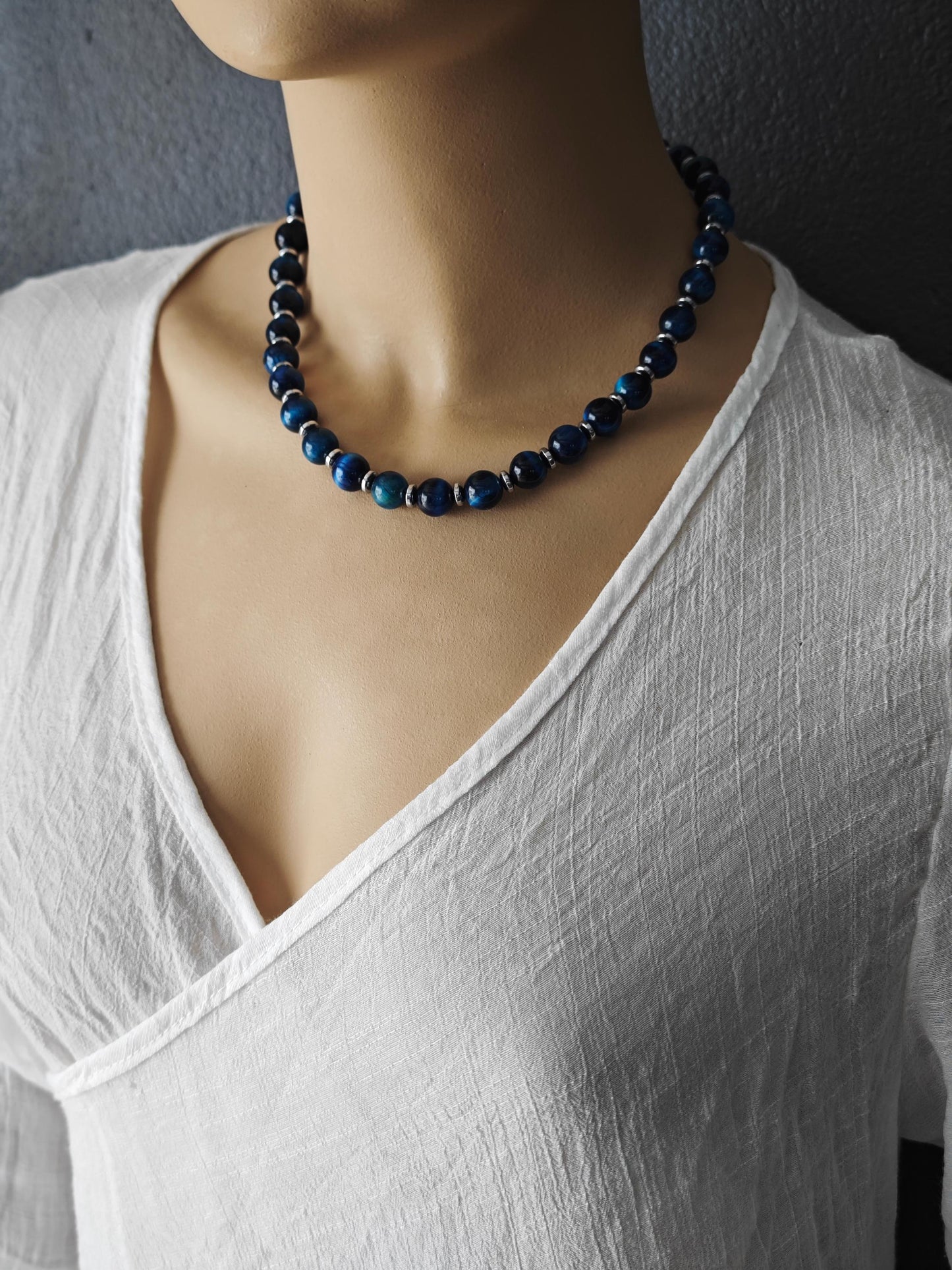 Handmade Blue Tiger's Eye Necklace with Hematite, Adjustable Ethnic Boho Jewelry