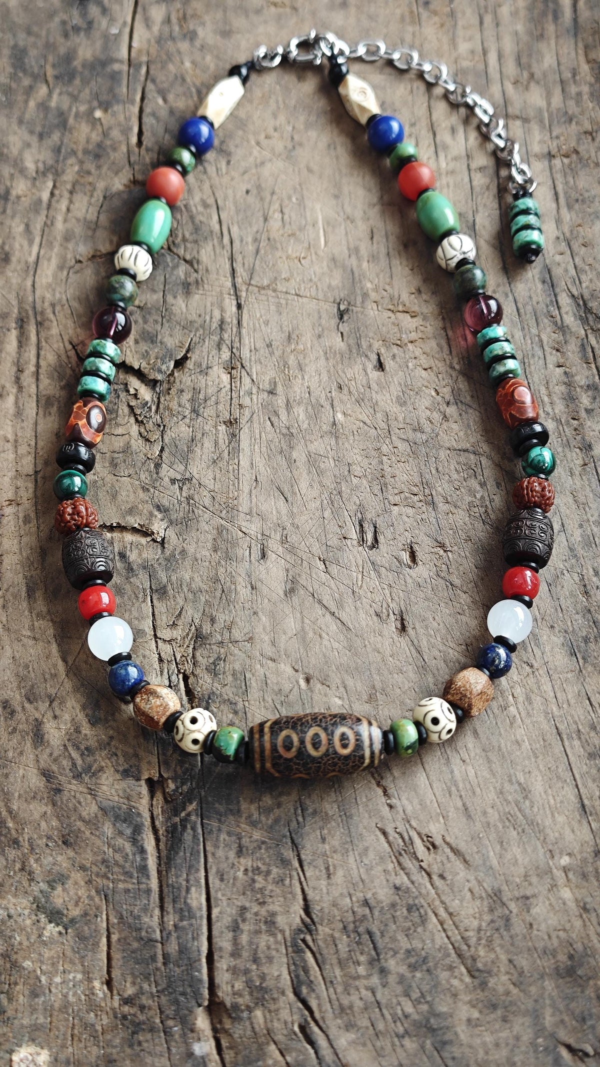 Vintage 3-Eye Dzi Bead Multi Gemstone Necklace, Turquoise Lapis Lazuli Mala, Boho Yoga Amulet
