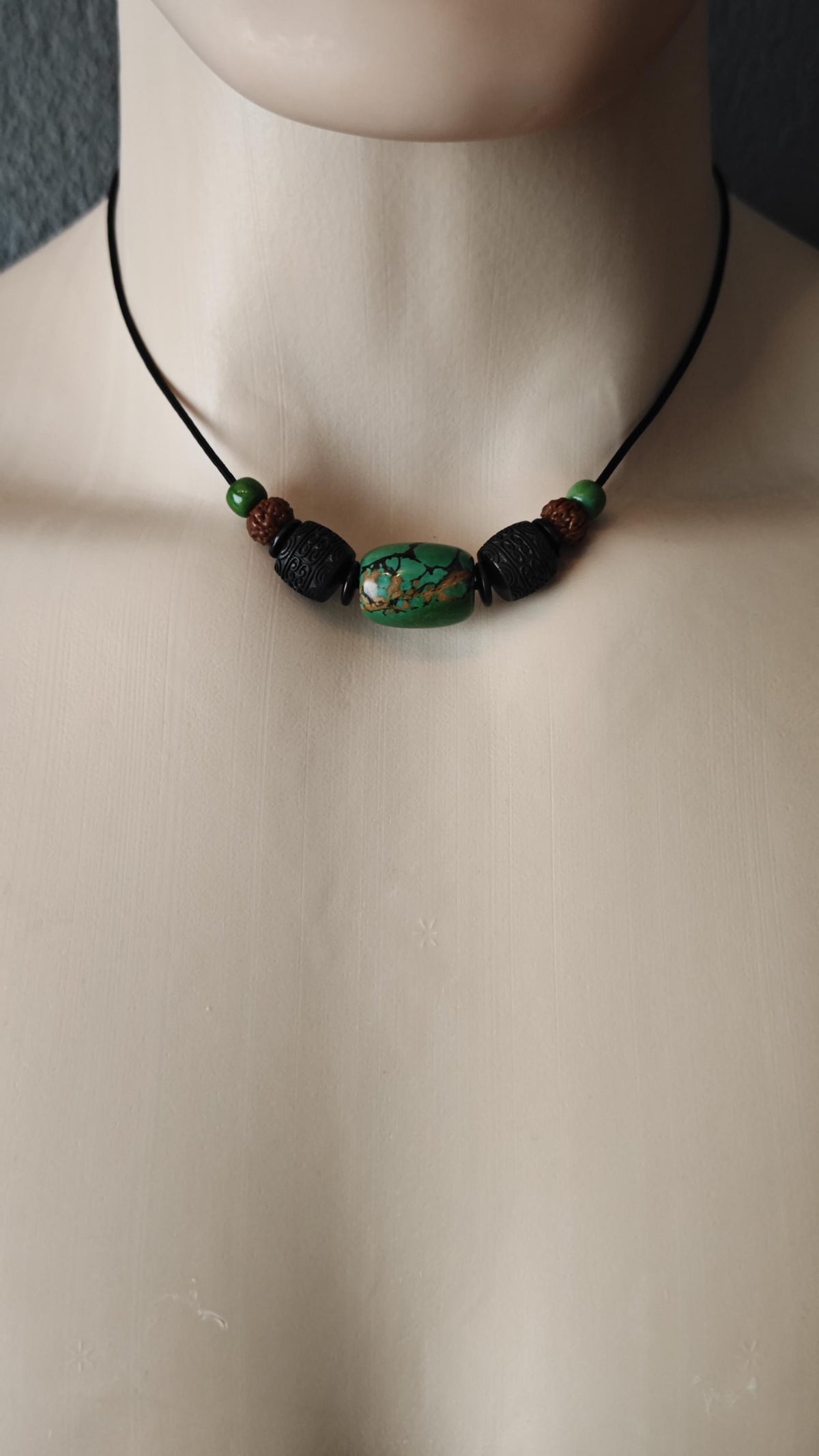 Genuine Turquoise Barrel Necklace, Hand Carved Hardwood Choker, Rudraksha Mala Beads, Tribal Boho Amulet 40-65cm