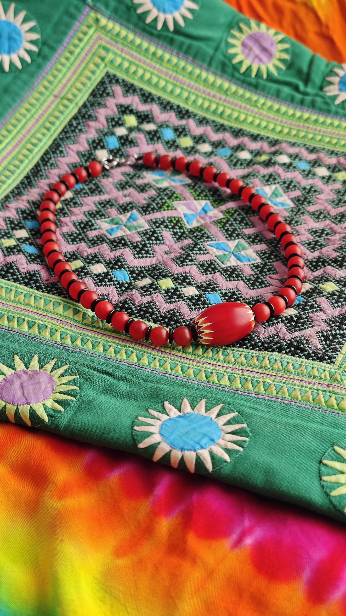 Red Chevron African Trade Bead Necklace, Nan Hong Agate, Coconut Disc, Stainless Steel Clasp