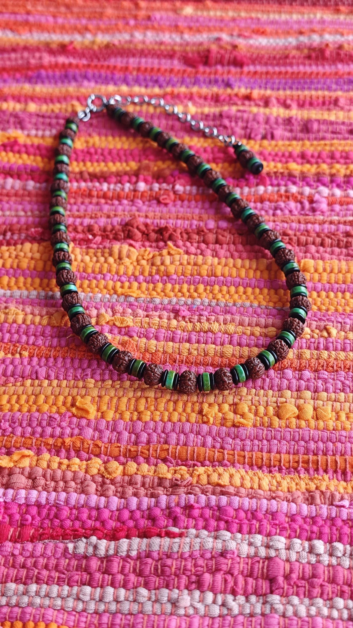 Natural Rudraksha Mala Bead Necklace, Turquoise Coconut Shell Disc, Ethnic Tribal Surfer Jewelry for Men Women, Stainless Steel 53-63cm